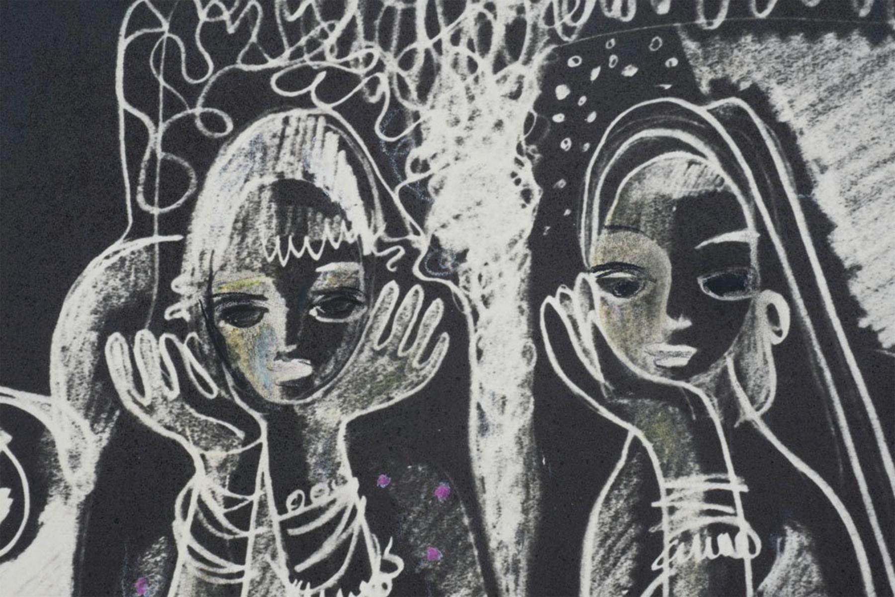 Sul balcone, due donne sedute a tavola, Donna Cleveland Artista in vendita 1