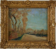 Scène de paysage de village français avec arbres et buggy, début du 20e siècle