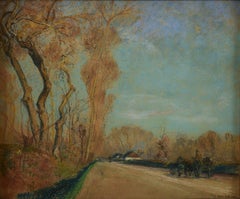 French Village Landscape Scene w/ Trees & Buggy, Early 20th Century
