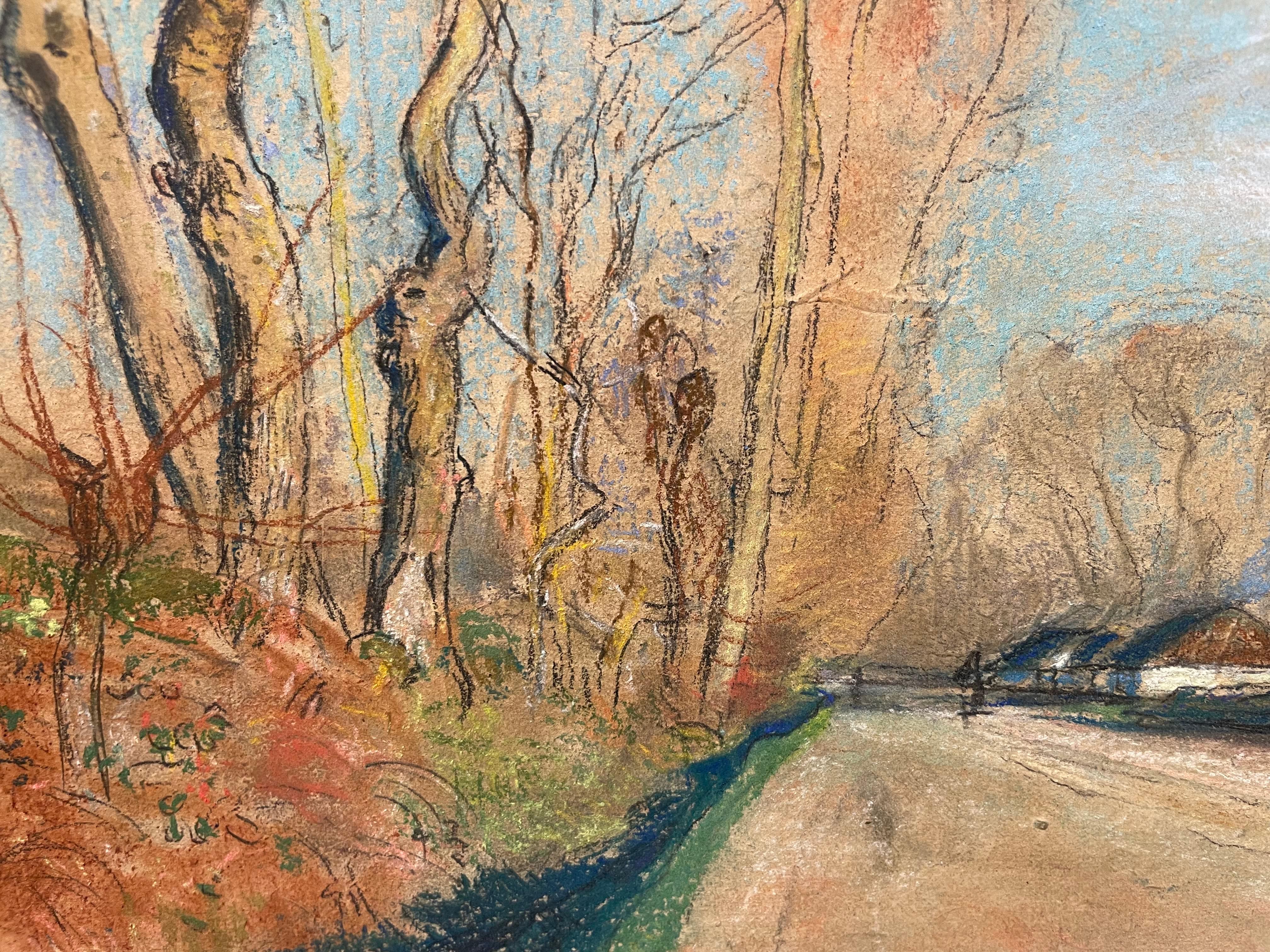 Escena de paisaje aldeano francés con árboles y calesa, principios del siglo XX en venta 3