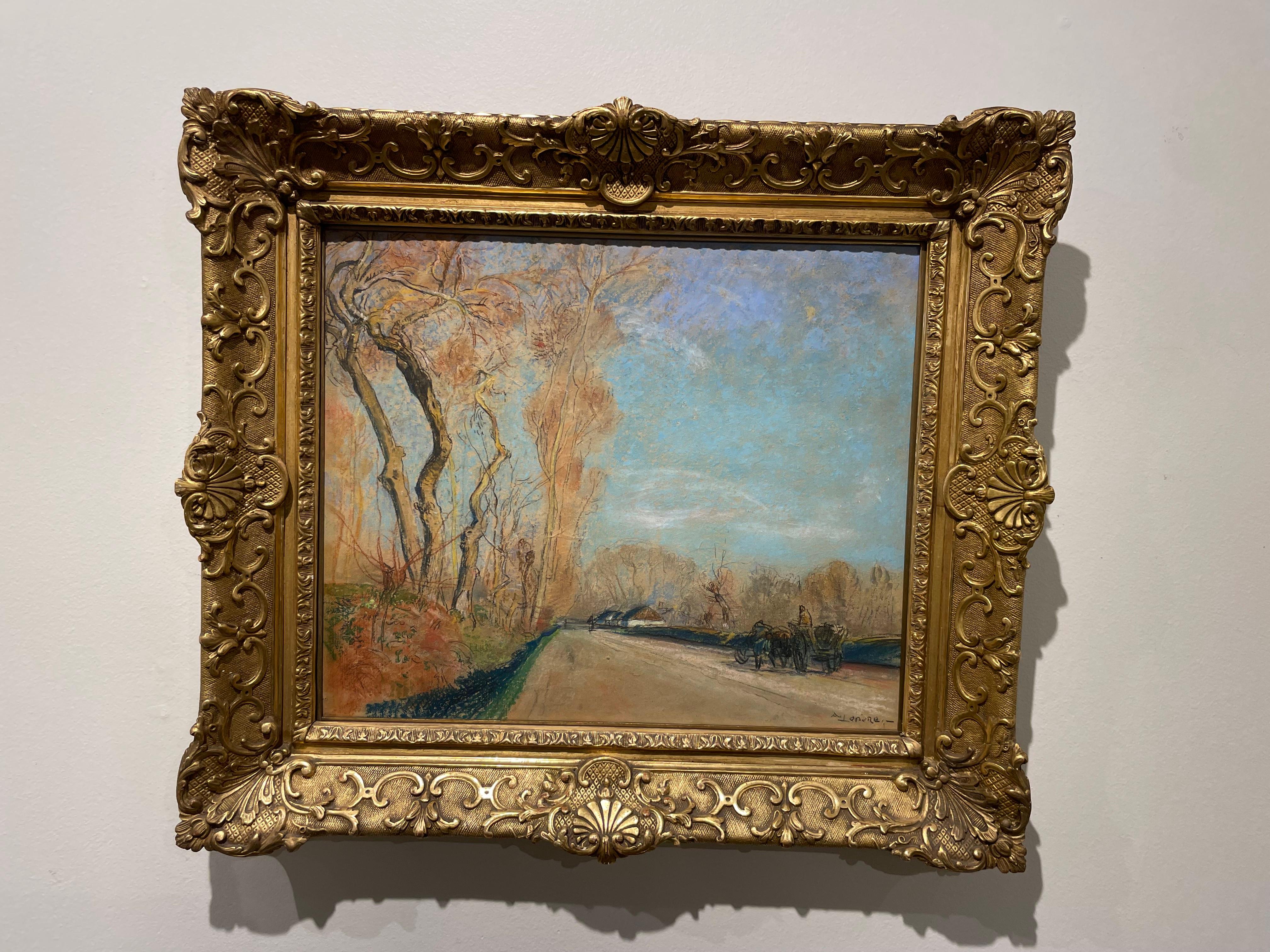 Escena de paisaje aldeano francés con árboles y calesa, principios del siglo XX en venta 9