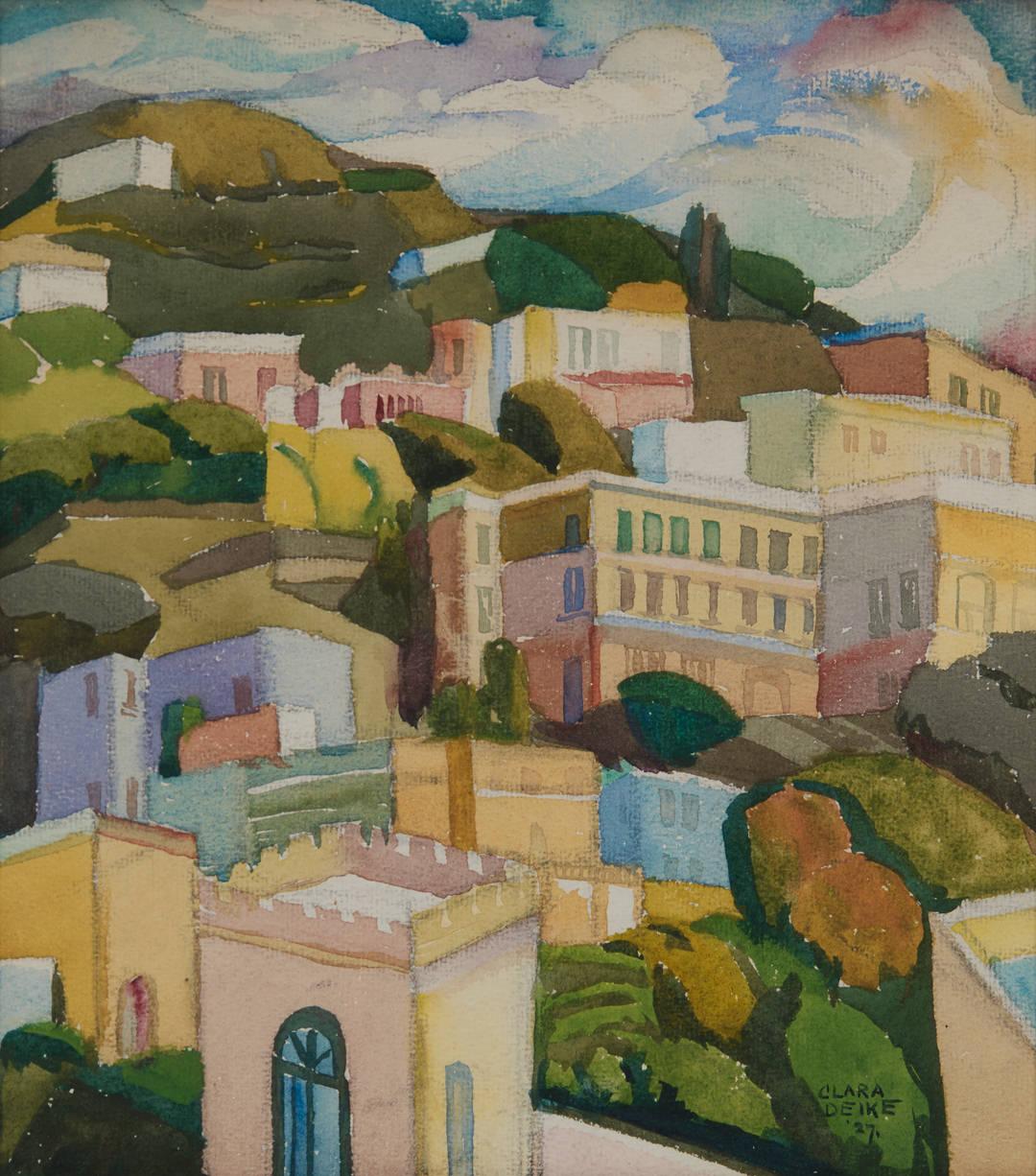Paesaggio cubista/paesaggio di Capri, Italia, inizio XX secolo Artista donna - Figurative Art Marrone di Clara Deike