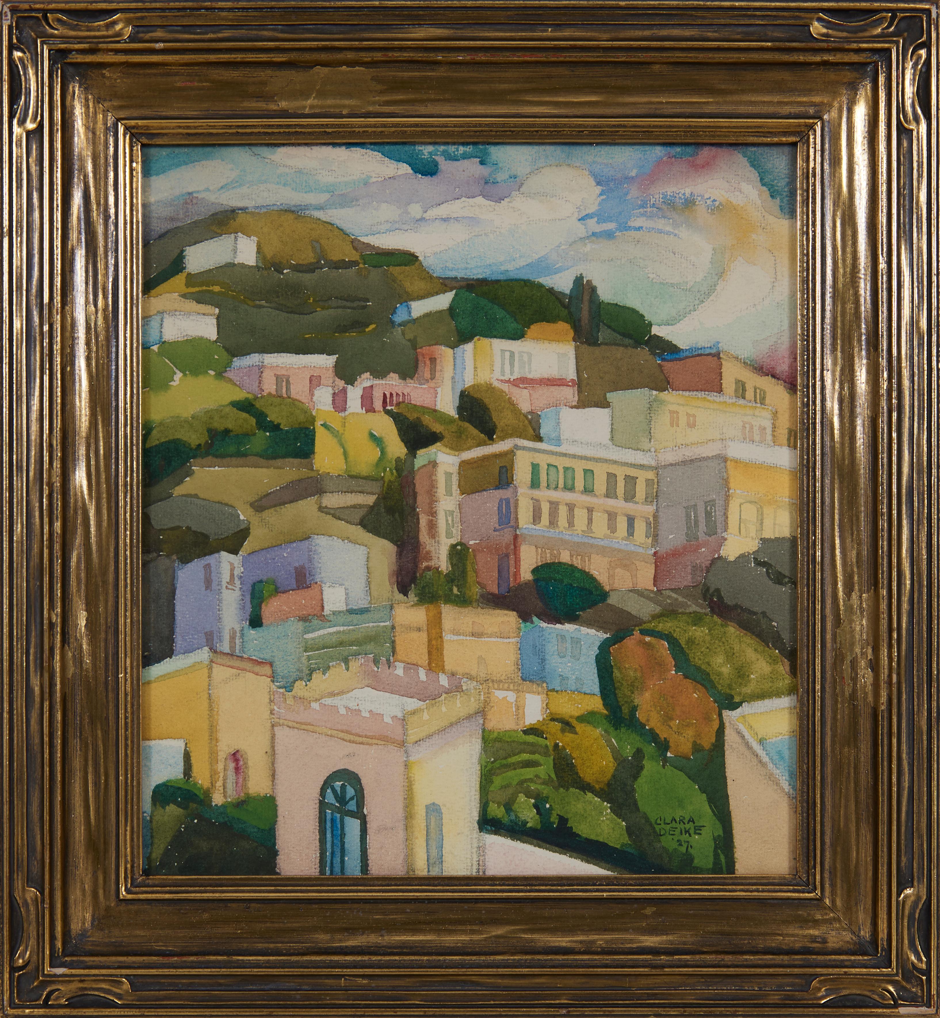 Figurative Art Clara Deike - Paysage cubiste/paysage urbain de Capri, Italie, début du 20e siècle Femme artiste