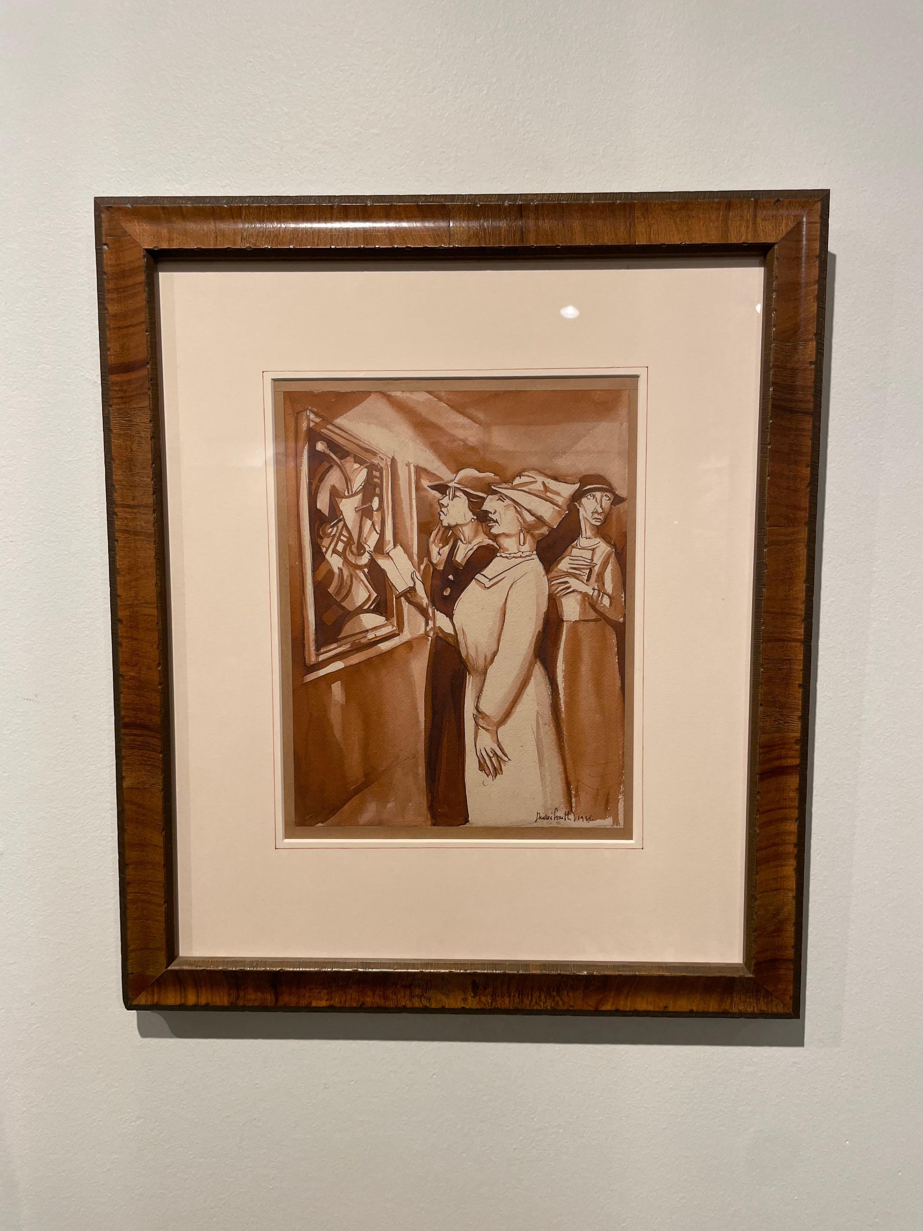 In the Art Gallery, Early 20th Century Watercolor, Women Viewing Painting For Sale 2