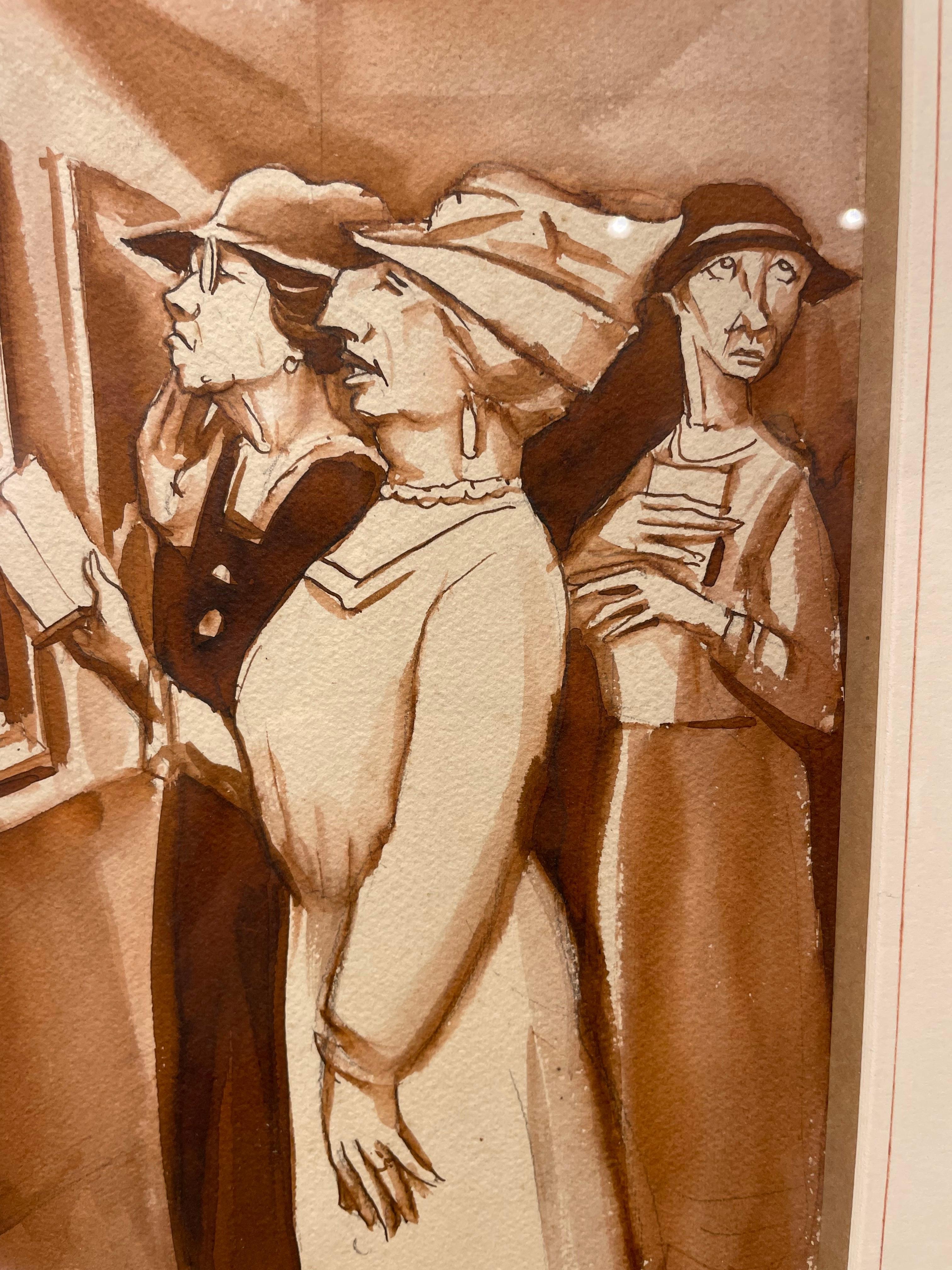 In the Art Gallery, Early 20th Century Watercolor, Women Viewing Painting For Sale 5