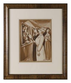 In the Art Gallery, Early 20th Century Watercolor, Women Viewing Painting