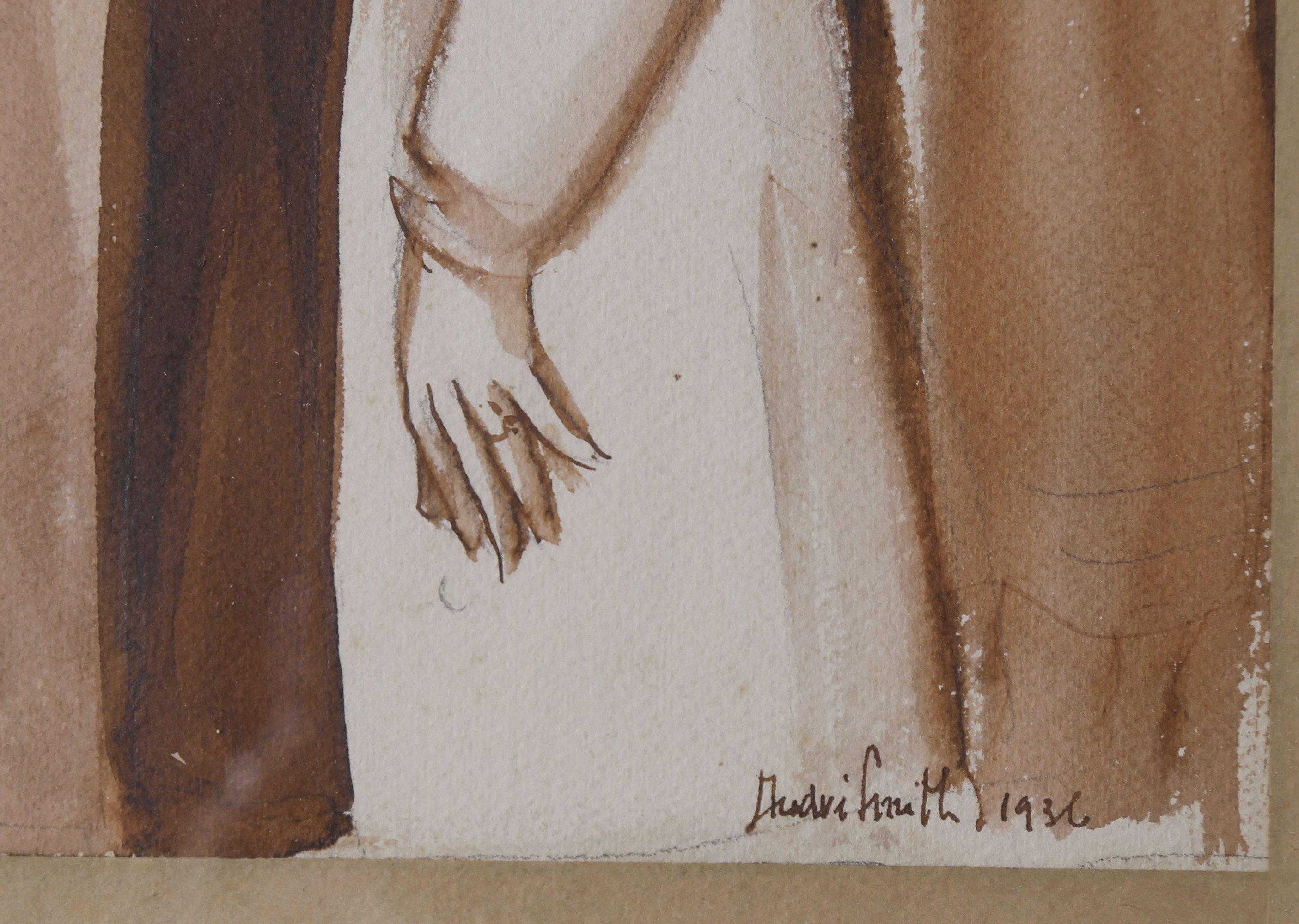 Jules Andre Smith (américain, 1880-1959)
Dans la Gallery Art, 1936
Aquarelle et plume et encre
Signé Andre, 1936 en bas à droite
10.75 x 8.5 pouces
20.25 x 17.25 pouces, encadré

Jules Andrew Smith était un artiste américain connu pour ses gravures