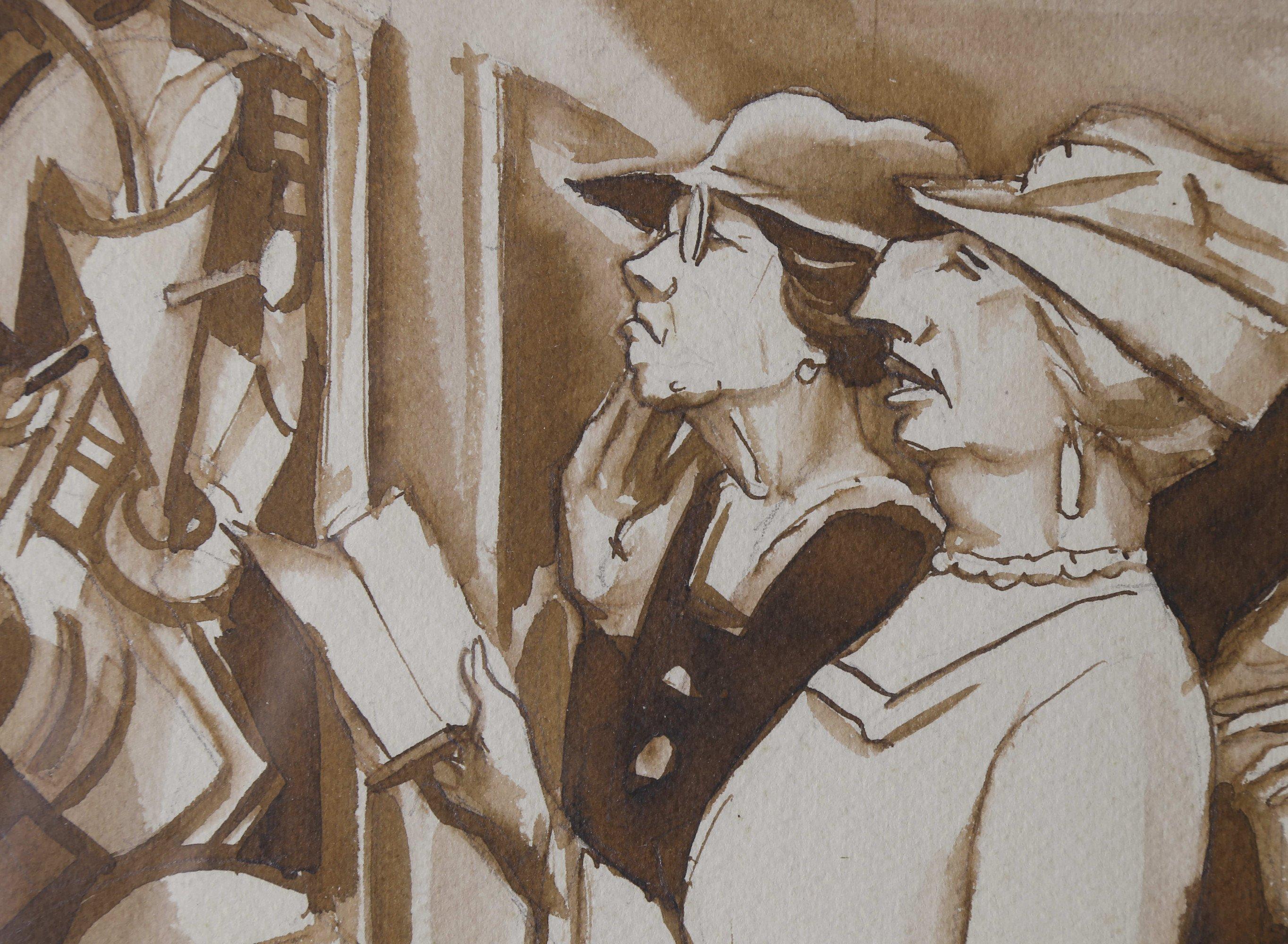Dans la galerie d'art, aquarelle du début du 20e siècle, femmes regardant une peinture - Marron Figurative Art par Jules André Smith. 