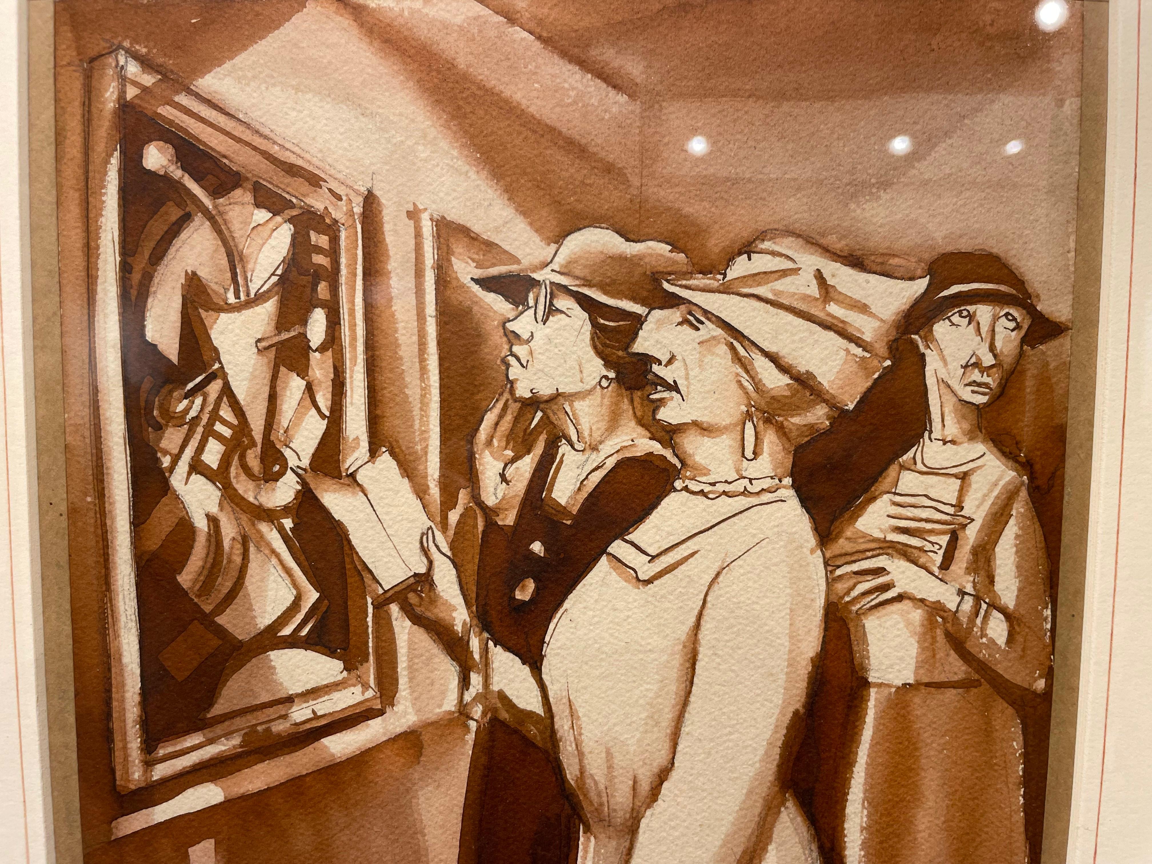 In the Art Gallery, Early 20th Century Watercolor, Women Viewing Painting For Sale 4