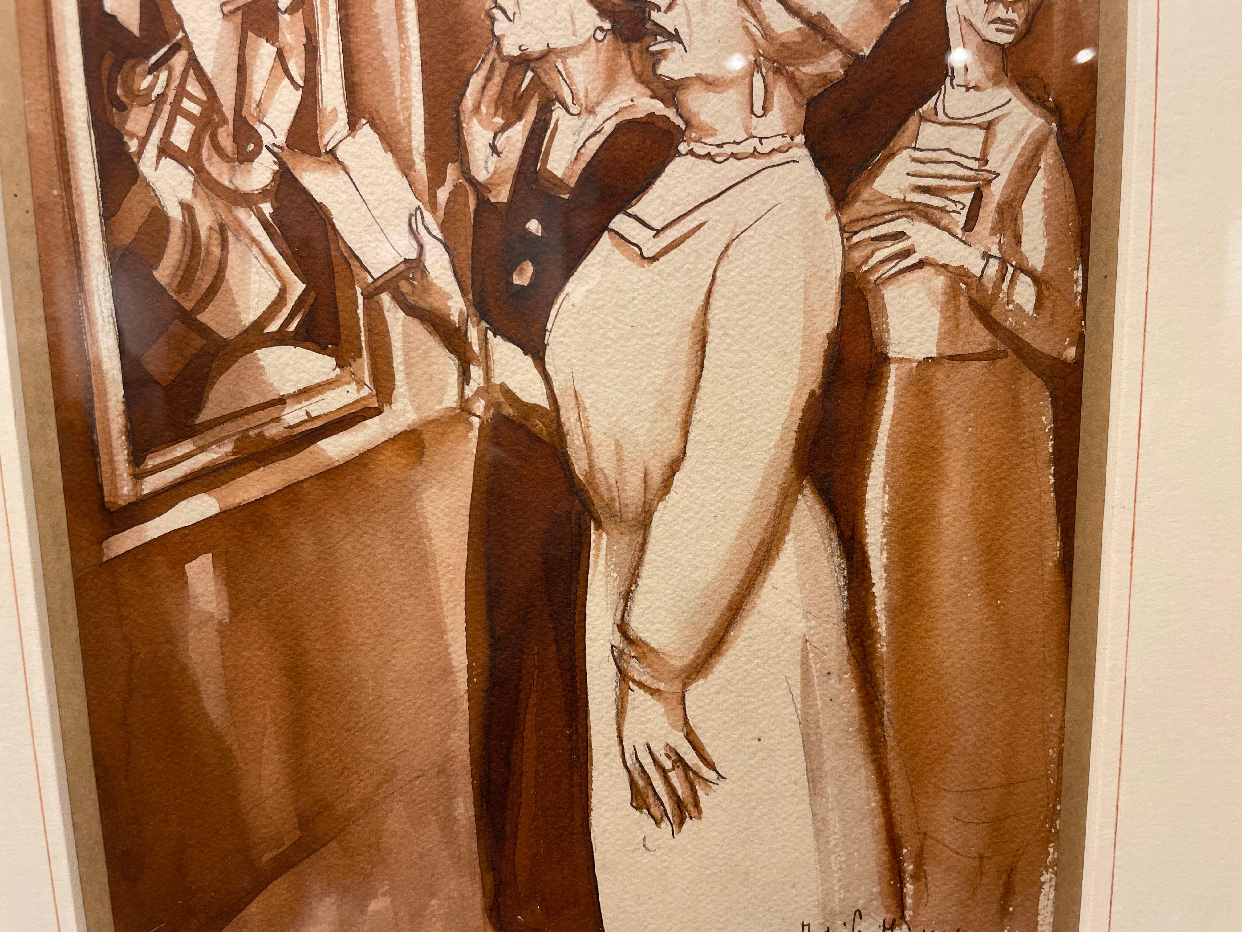 In the Art Gallery, Early 20th Century Watercolor, Women Viewing Painting For Sale 6