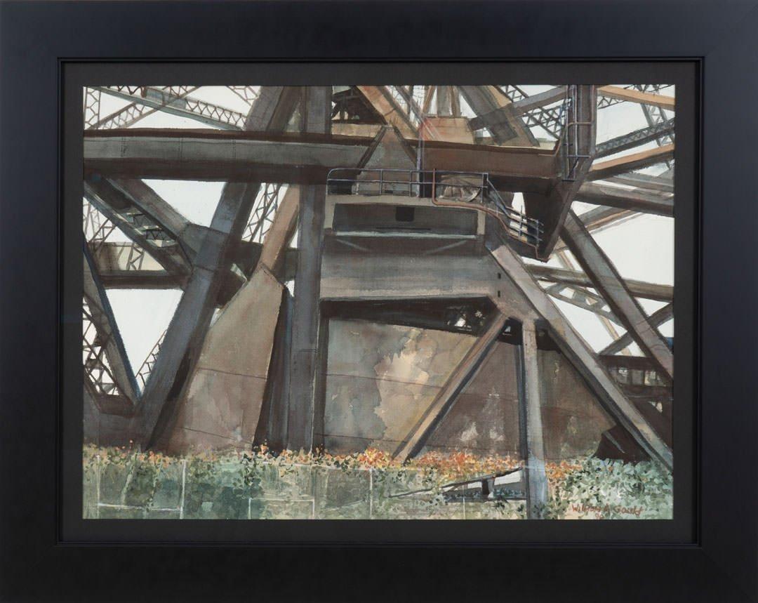 Ponte nelle Cleveland Flats, pittura architettonica della fine del XX secolo - Art di William Gould