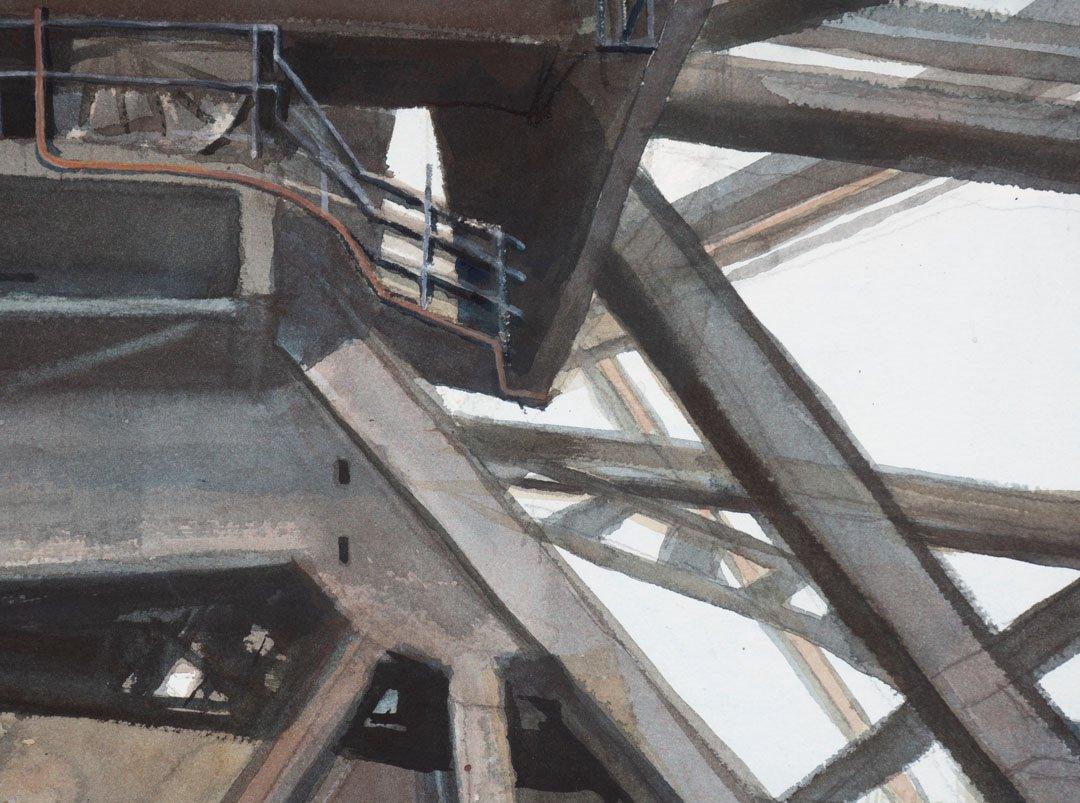 Ponte nelle Cleveland Flats, pittura architettonica della fine del XX secolo - Landscape Art Grigio di William Gould