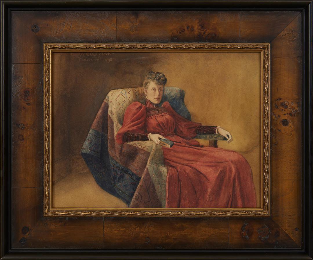 Porträt einer sitzenden Frau, die Julia Maud De Forest liest, Julia Maud De Forest, spätes 19. Jahrhundert – Art von Ora Coltman
