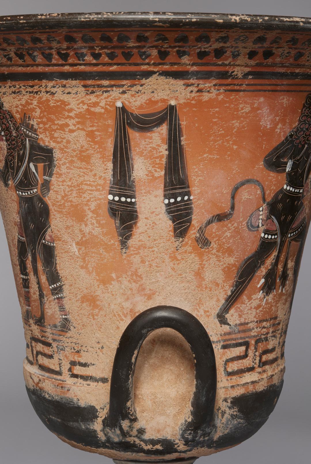 Ancient Style Greek Black Figure Calyx Krater, 19th/20th Century
Terracotta
17 x 14.5 inches

A calyx krater is a type of ancient Greek pottery, specifically a type of krater (a bowl for mixing wine and water) distinguished by its shape, which