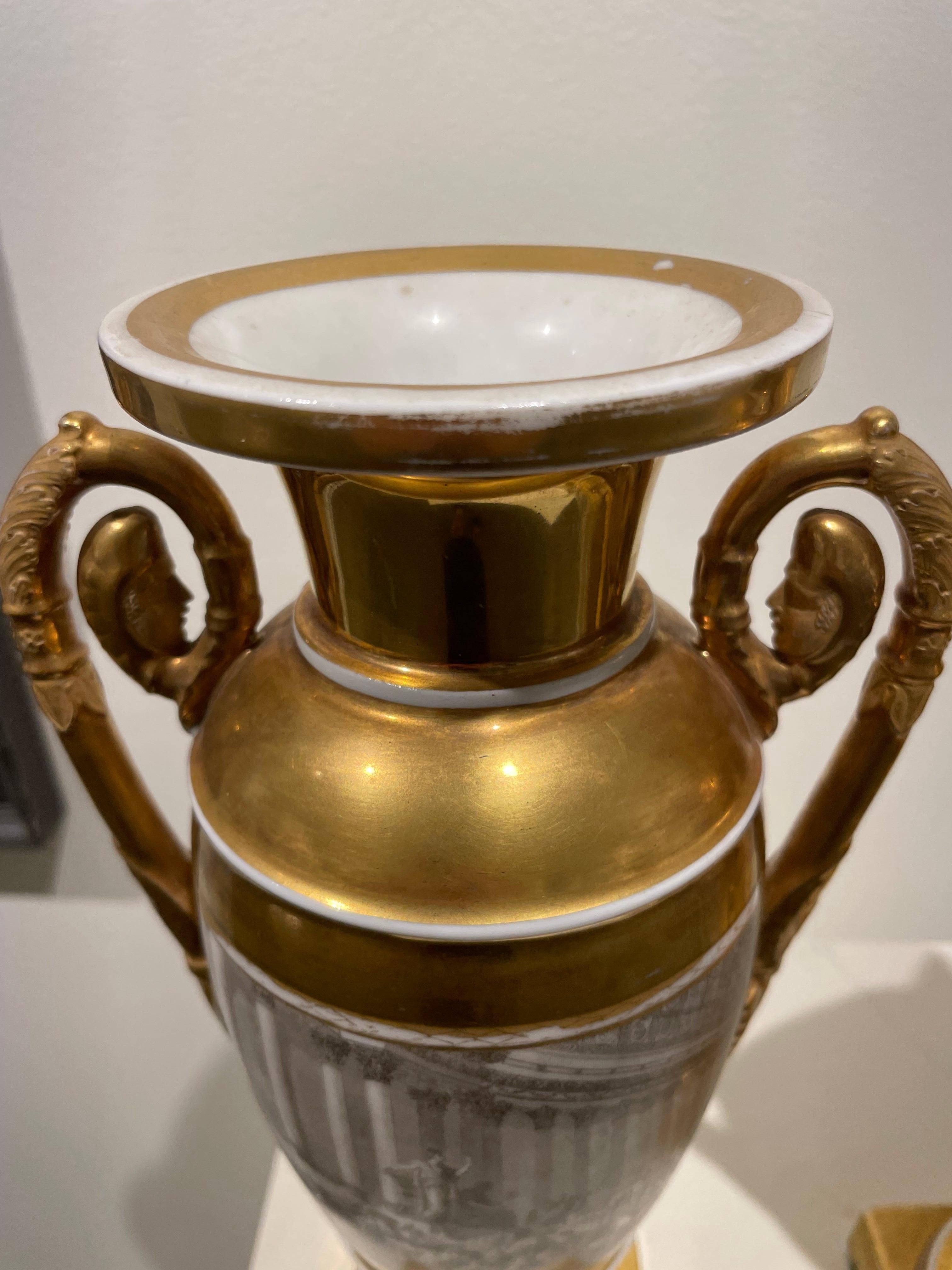 Pair of French Porcelain de Paris Gold Urns with Scenes of Roman History For Sale 10