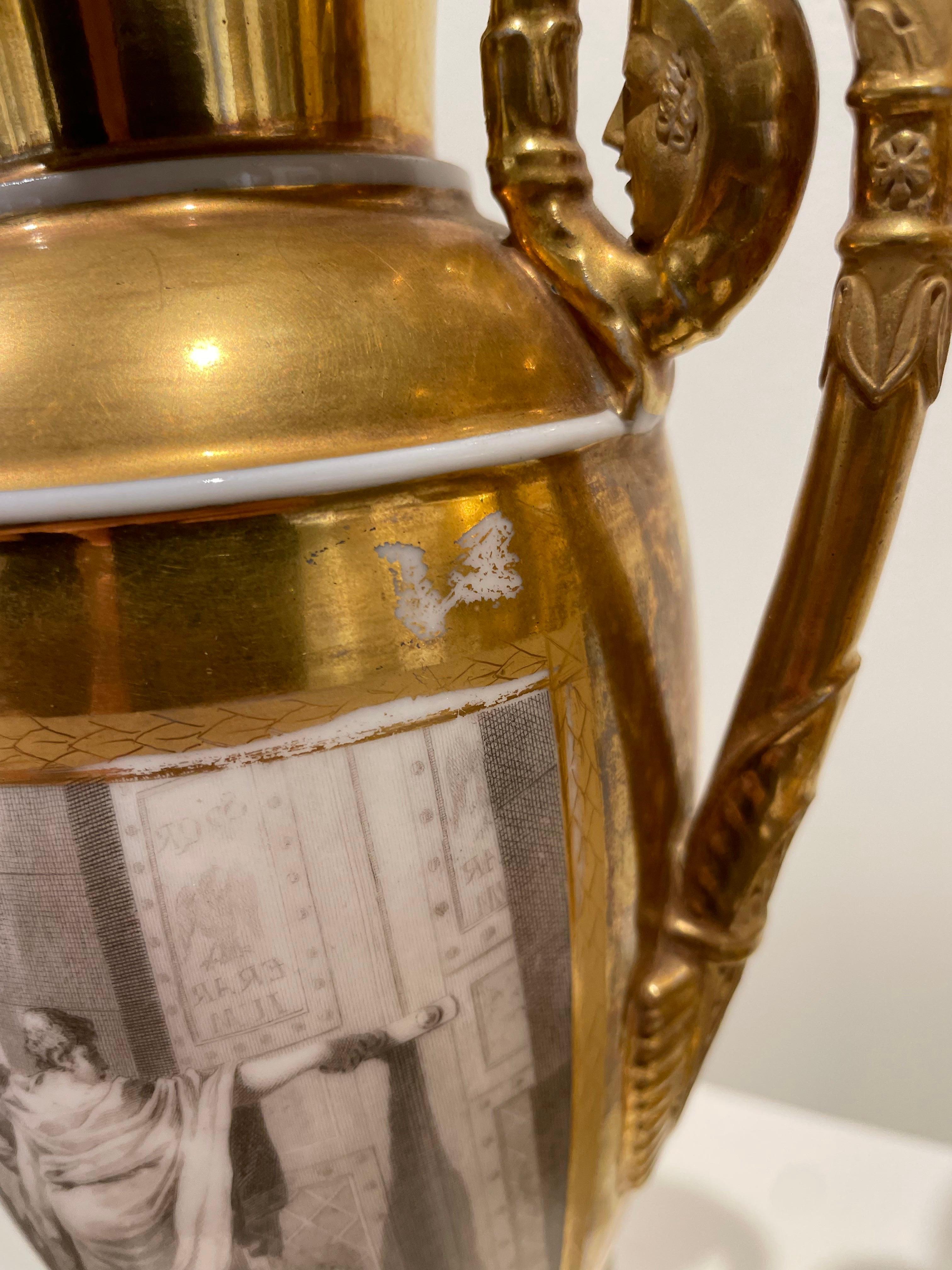 Pair of French Porcelain de Paris Gold Urns with Scenes of Roman History For Sale 15