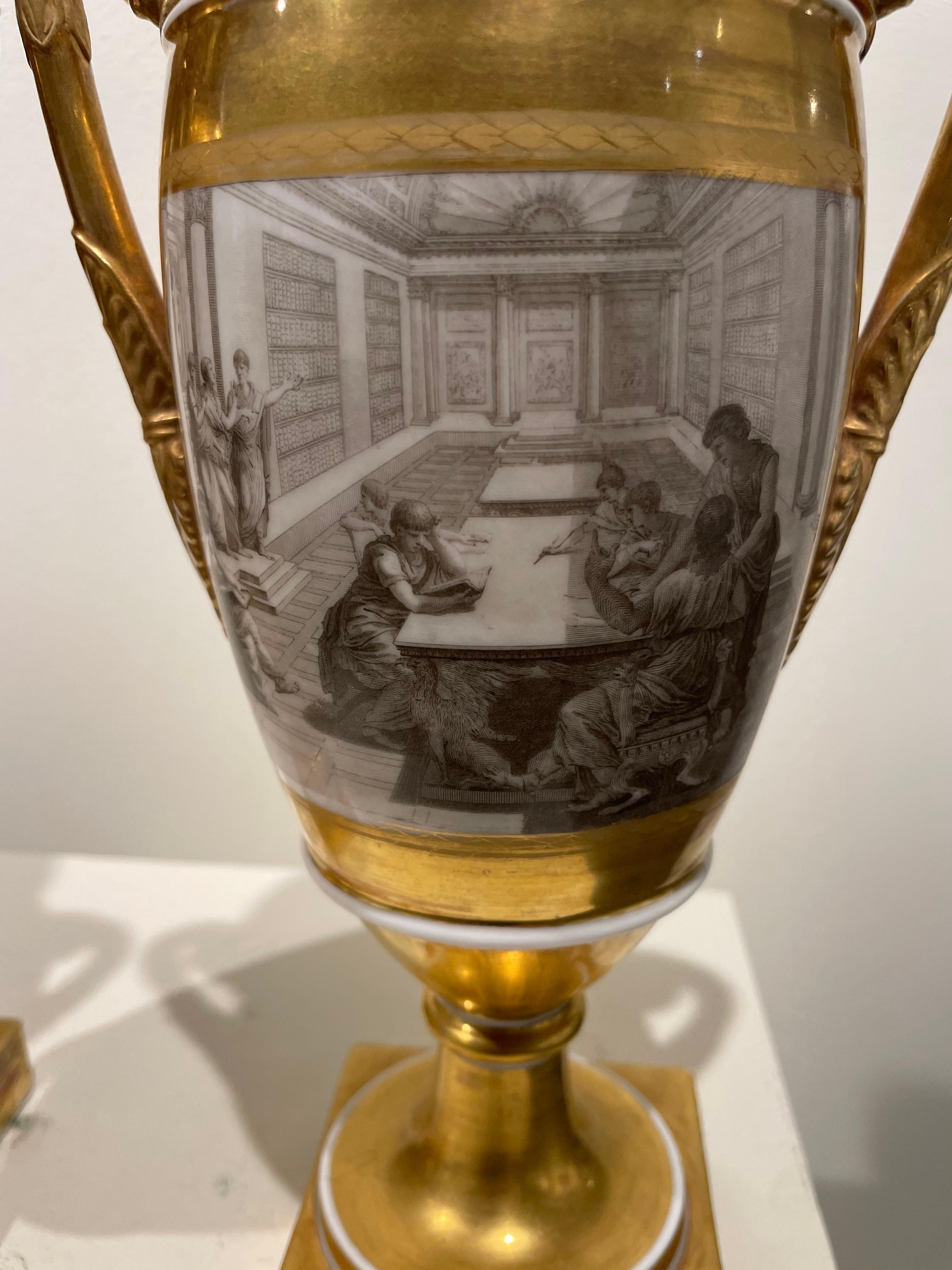 Pair of French Porcelain de Paris Gold Urns with Scenes of Roman History For Sale 16