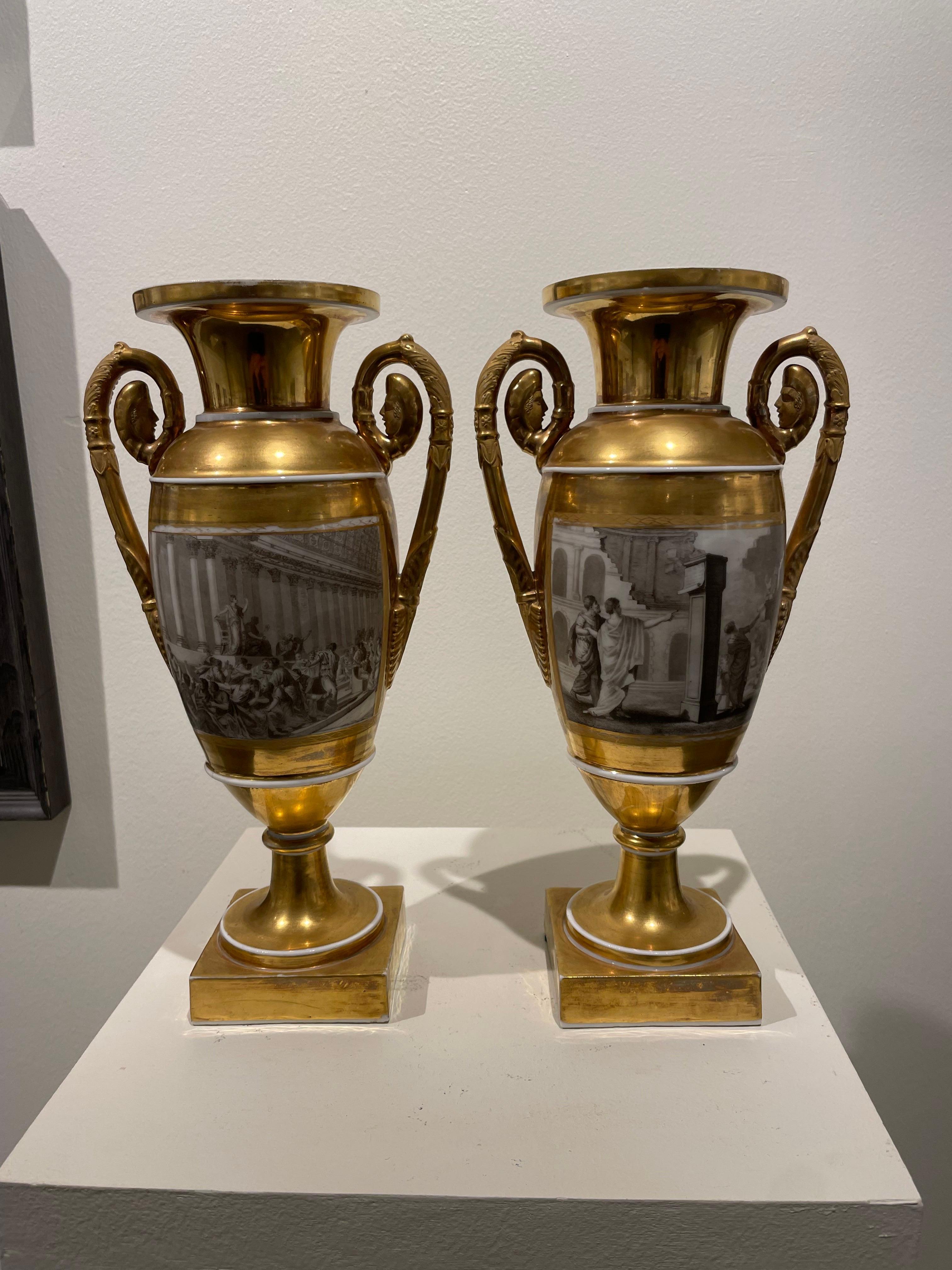Pair of French Porcelain de Paris Gold Urns with Scenes of Roman History For Sale 18