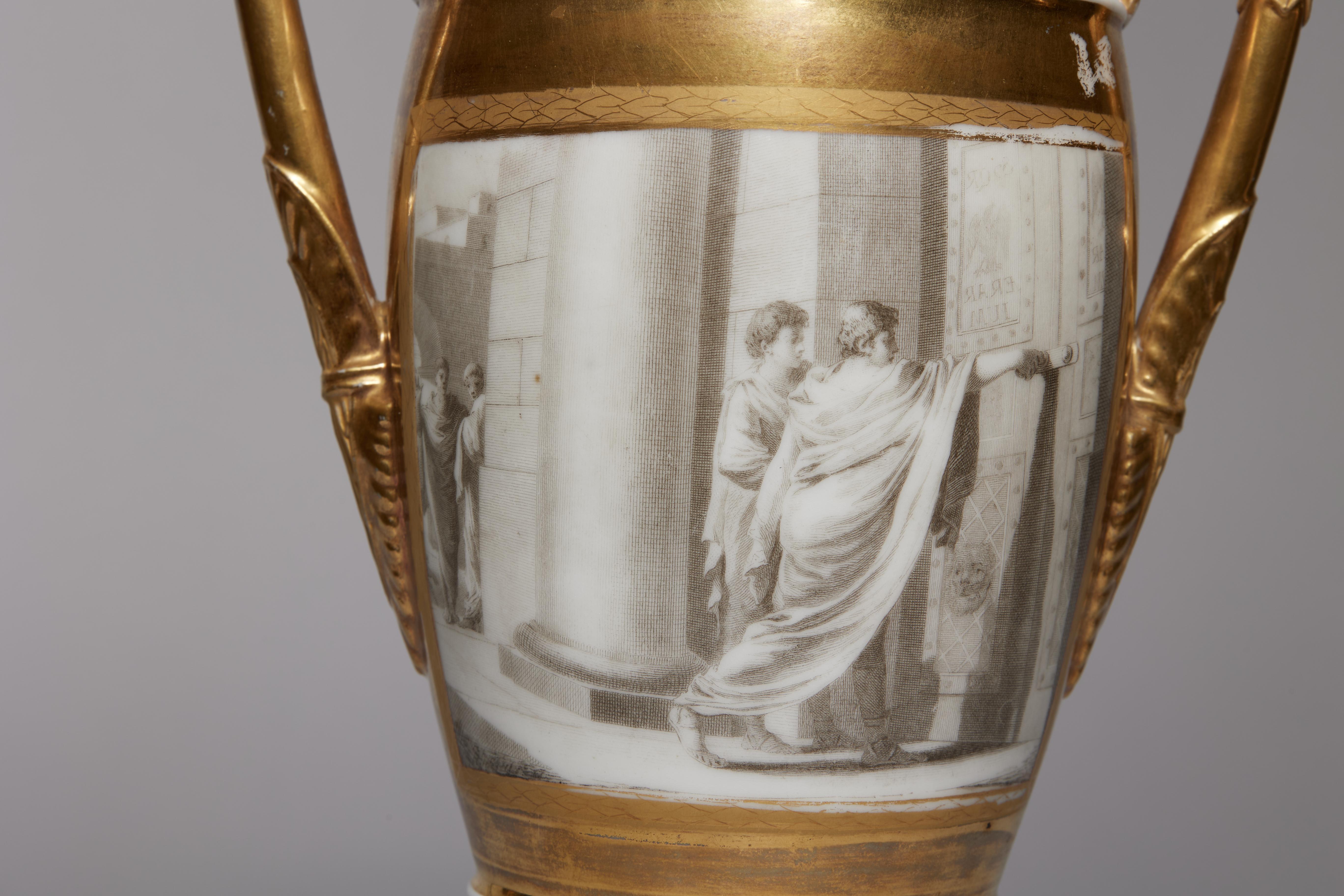 Pair of French Porcelain de Paris Gold Urns with Scenes of Roman History For Sale 2