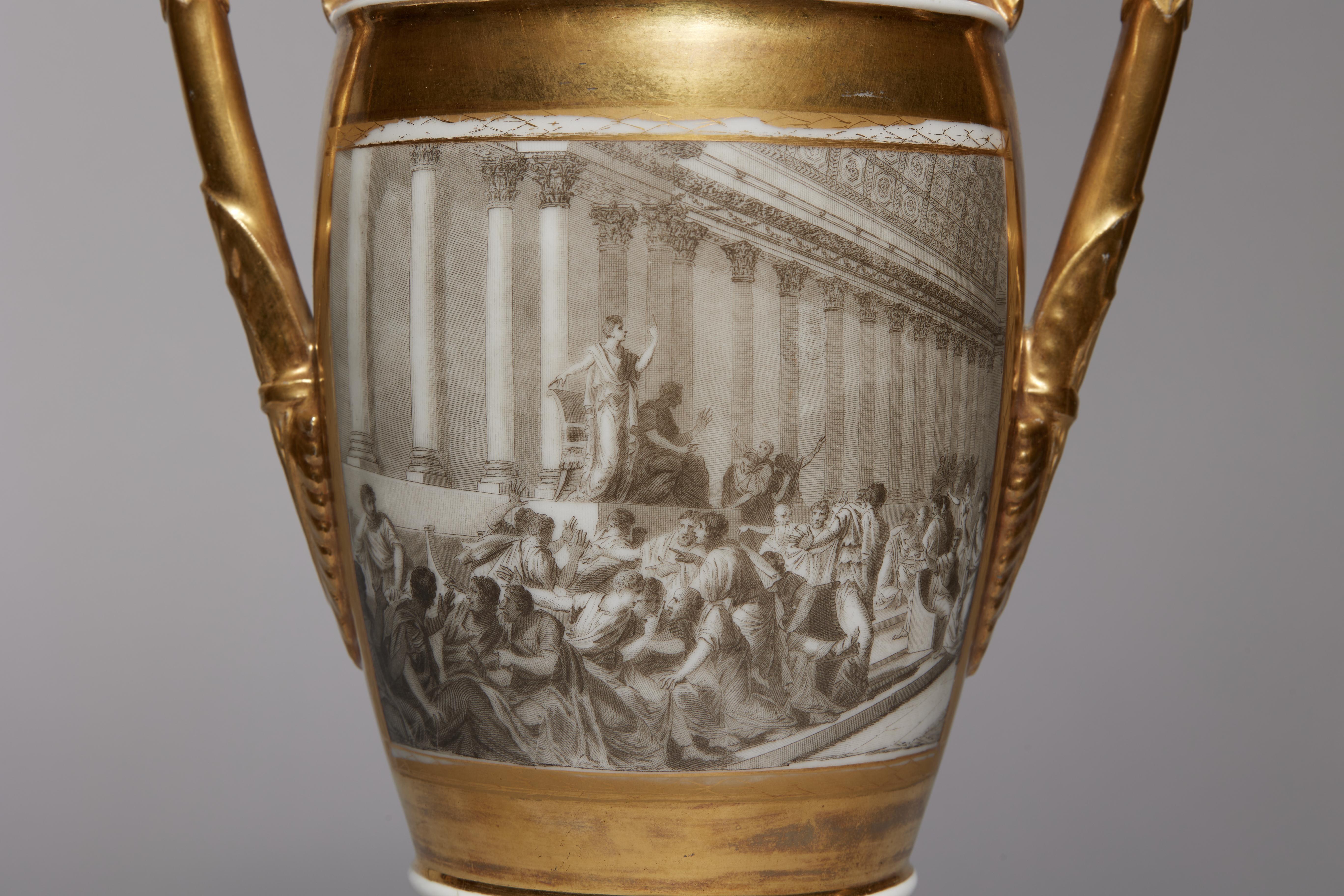 Pair of French Porcelain de Paris Gold Urns with Scenes of Roman History For Sale 1
