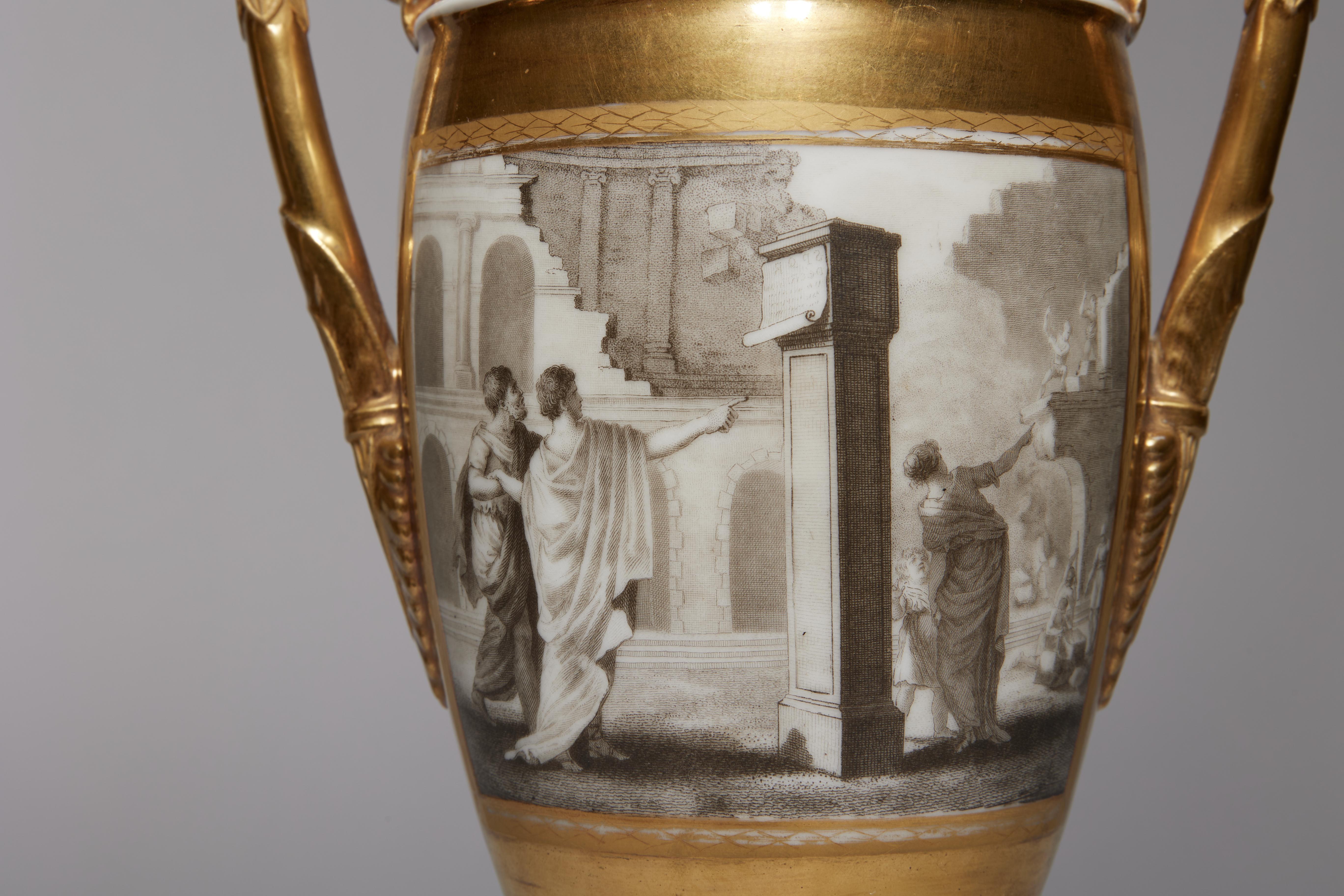 Pair of French Porcelain de Paris Gold Urns with Scenes of Roman History For Sale 4