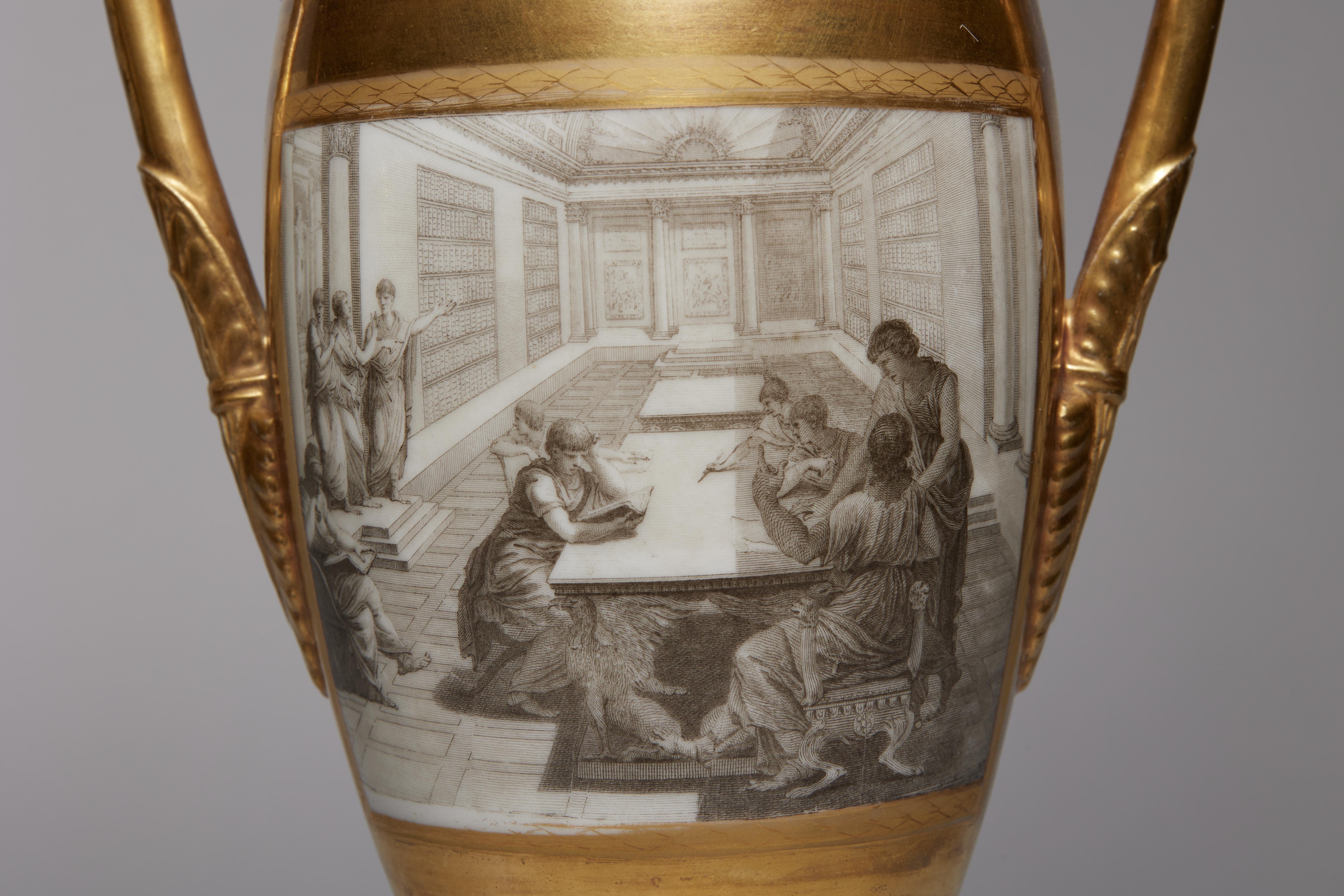 Pair of French Porcelain de Paris Gold Urns with Scenes of Roman History For Sale 3