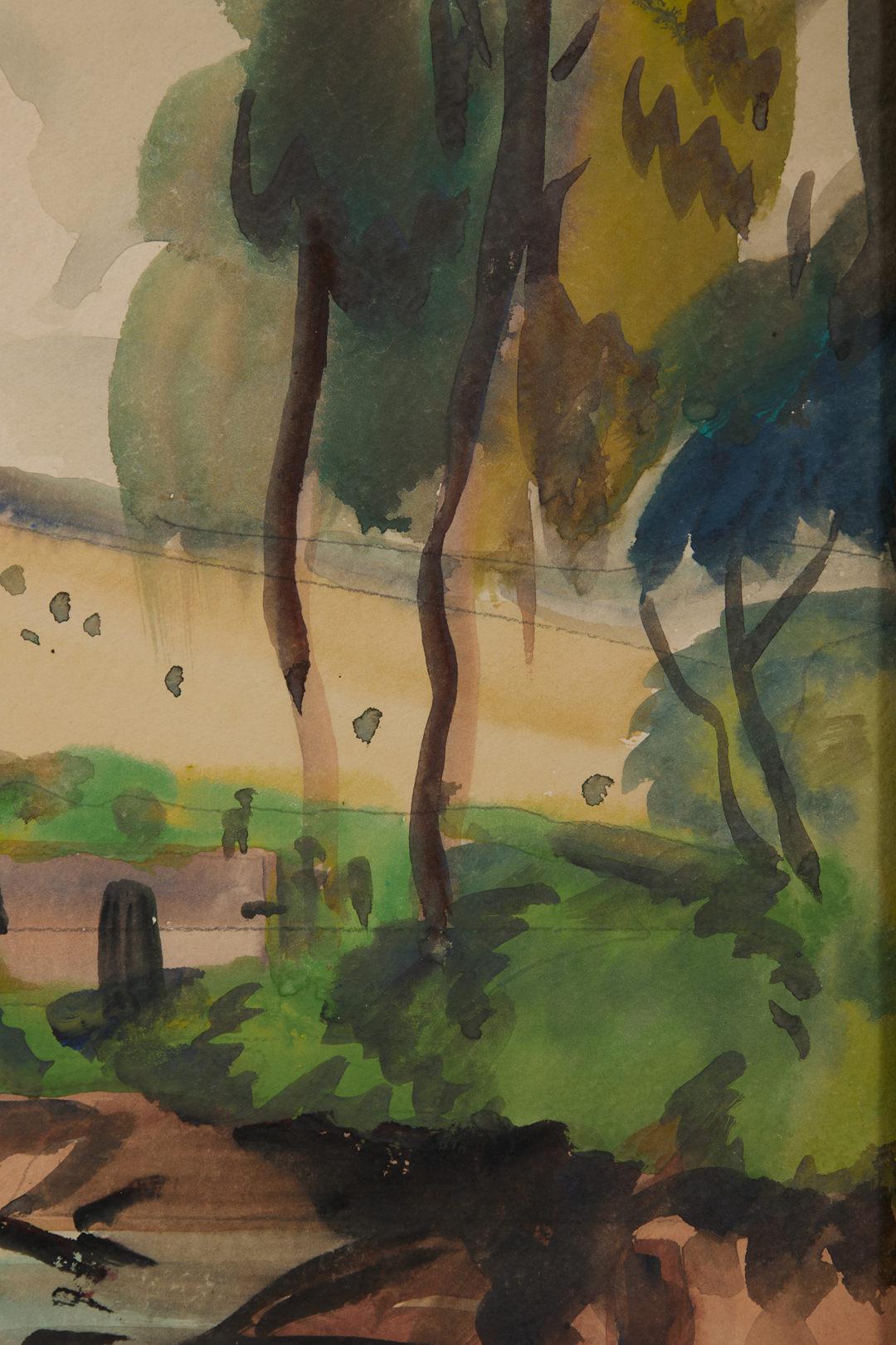 Frank Nelson Wilcox (américain, 1887-1964)
À Isleta, au Nouveau-Mexique, c. 1937
Aquarelle sur papier
Signé en bas à droite, titré au verso
15 x 20 pouces

Frank Nelson Wilcox (3 octobre 1887 - 17 avril 1964) était un artiste américain moderniste et