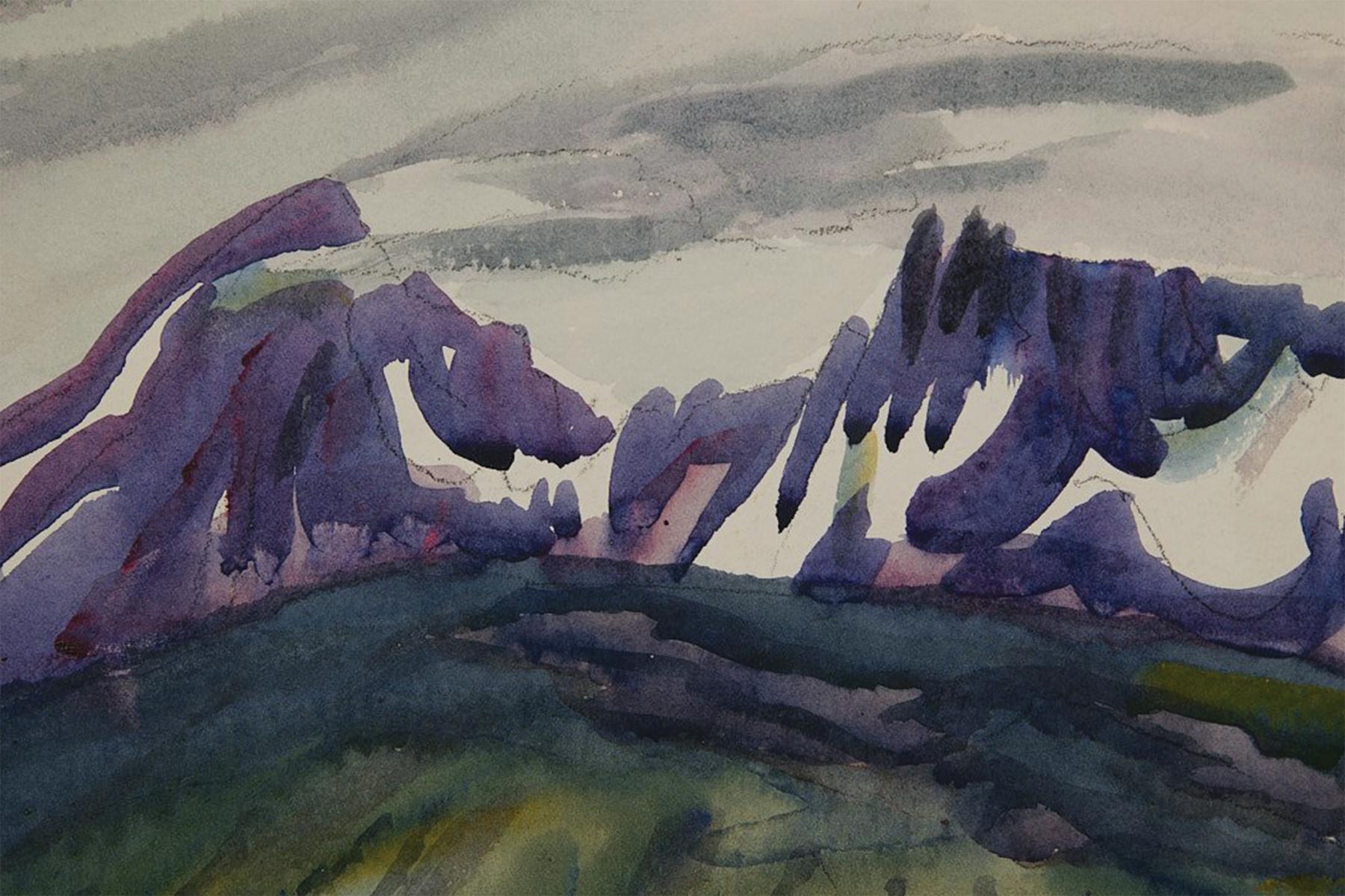 Frank Nelson Wilcox (américain, 1887-1964)
Moraine et pics de neige, parc national des Rocheuses, Colorado, c. 1950
Aquarelle sur papier 
19 x 24 pouces
21 x 26 pouces encadré

