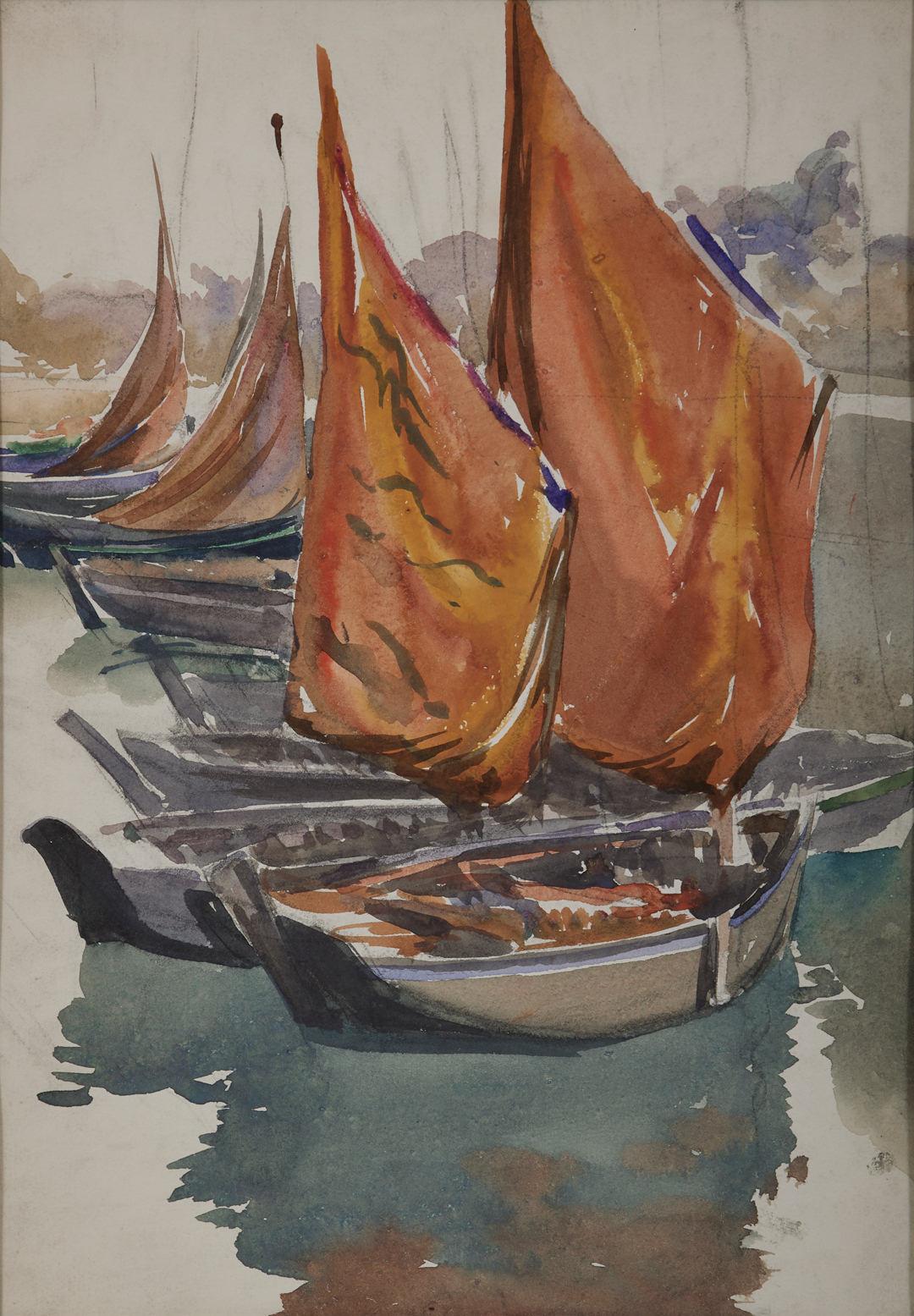Boote vor Concarneau, Frankreich, Anfang 20. Jahrhundert Seestück, Cleveland-Schule – Art von Frank Wilcox