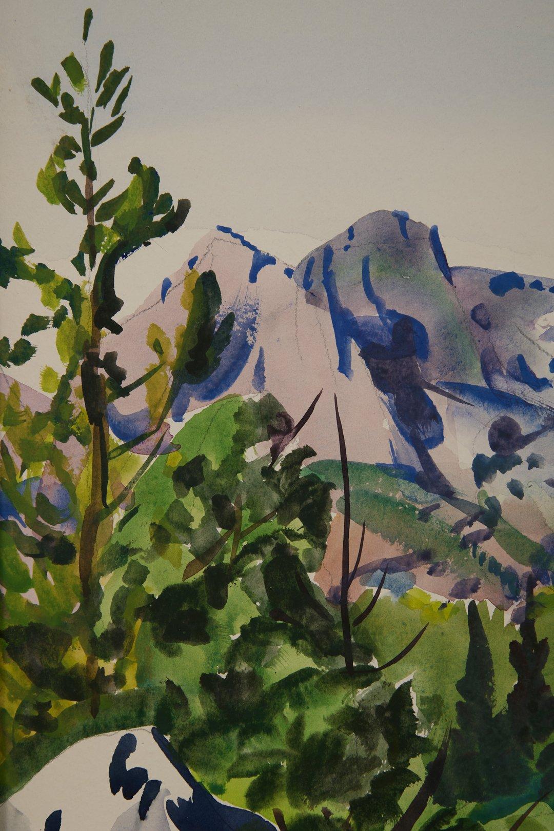 Frank Nelson Wilcox (américain, 1887-1964)
Étang Beaver près de Longs Peak, parc national des Rocheuses, Colorado, c. 1950
Aquarelle sur papier
19 x 24 pouces
21 x 26 pouces encadré

Frank Nelson Wilcox (3 octobre 1887 - 17 avril 1964) était un
