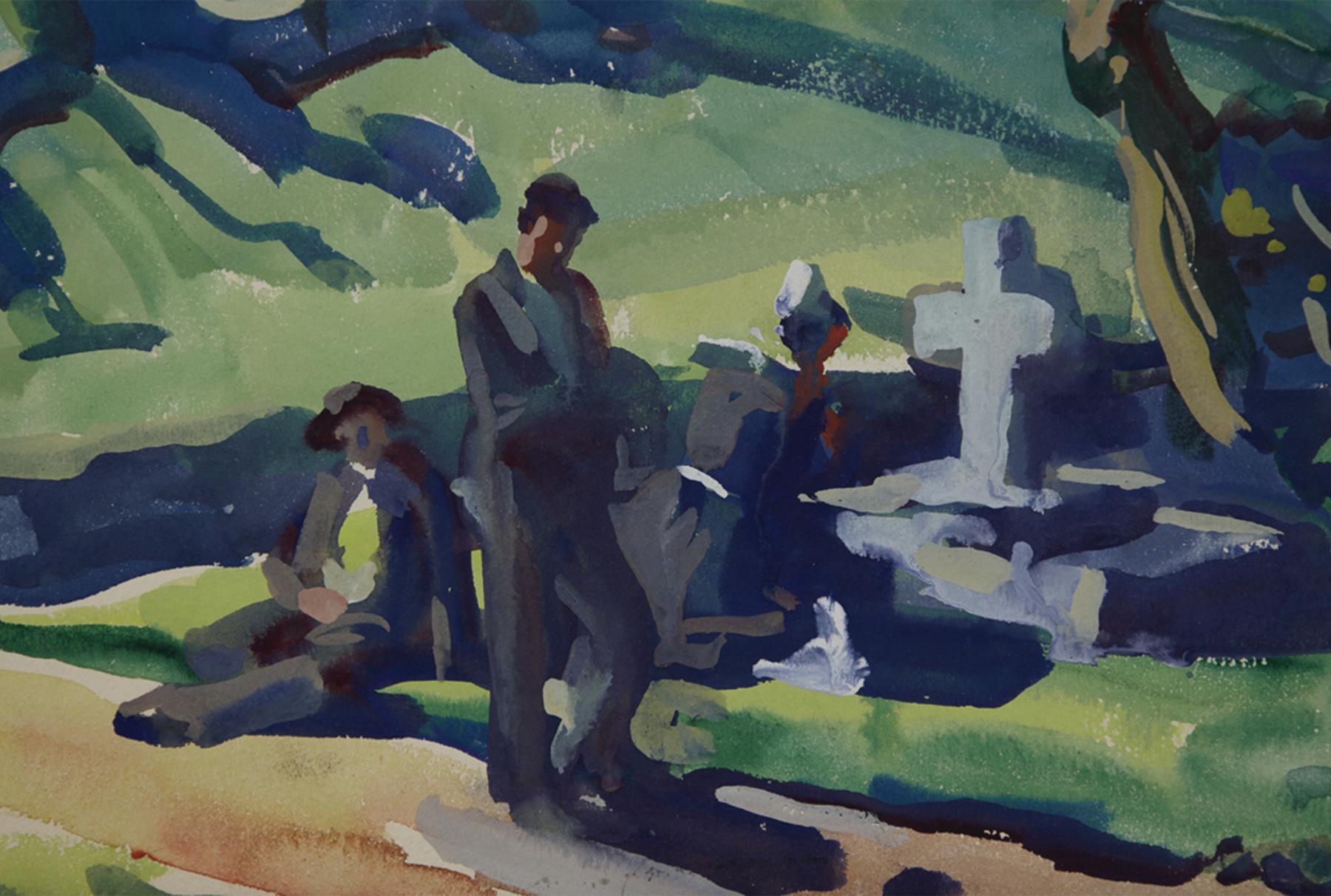 Frank Nelson Wilcox (Amerikaner, 1887-1964)
Stille Gebete in St. Malo, Frankreich, 1925
Aquarell und Gouache auf Karton 
Signiert und datiert unten rechts
19 x 24 Zoll

Frank Nelson Wilcox (3. Oktober 1887 - 17. April 1964) war ein amerikanischer