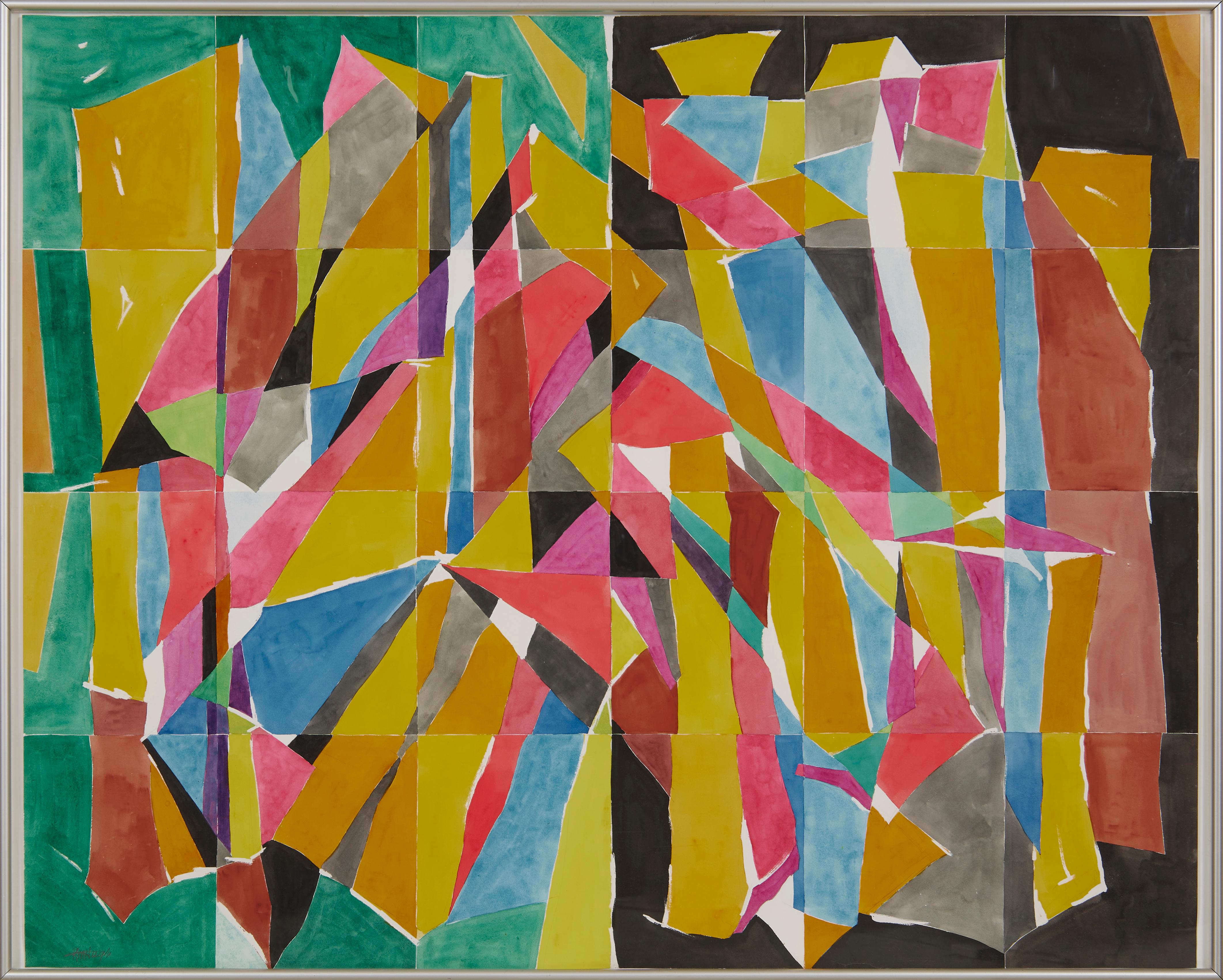 Big Town, Large Colorful Abstract Geometric Painting, Cleveland School Artist - Brown Abstract Drawing by Kenneth Marcus Hugh