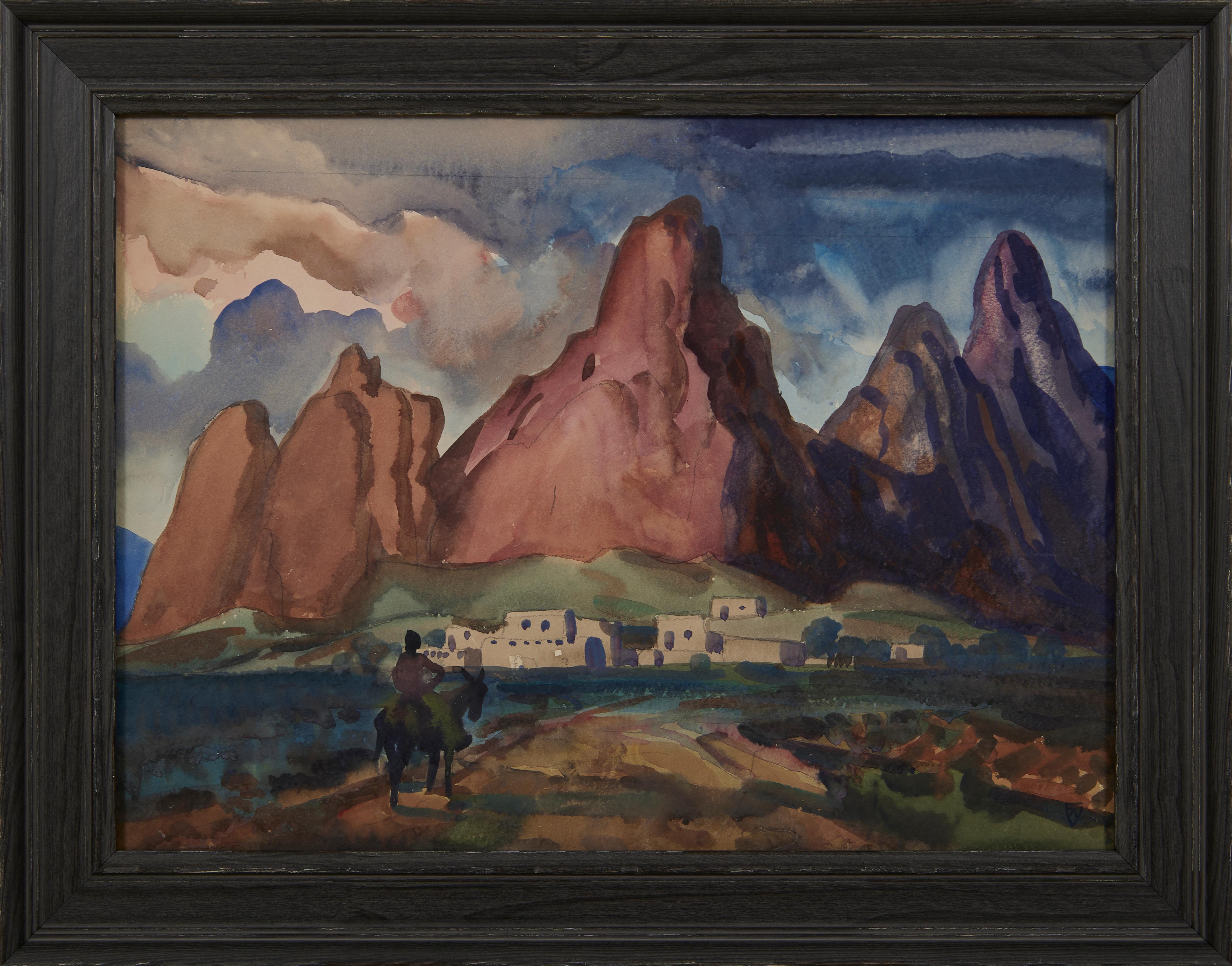 Pueblo baigné de soleil, 1950 Paysage montagneux de l'Ouest, école de Cleveland - Art de Frank Wilcox