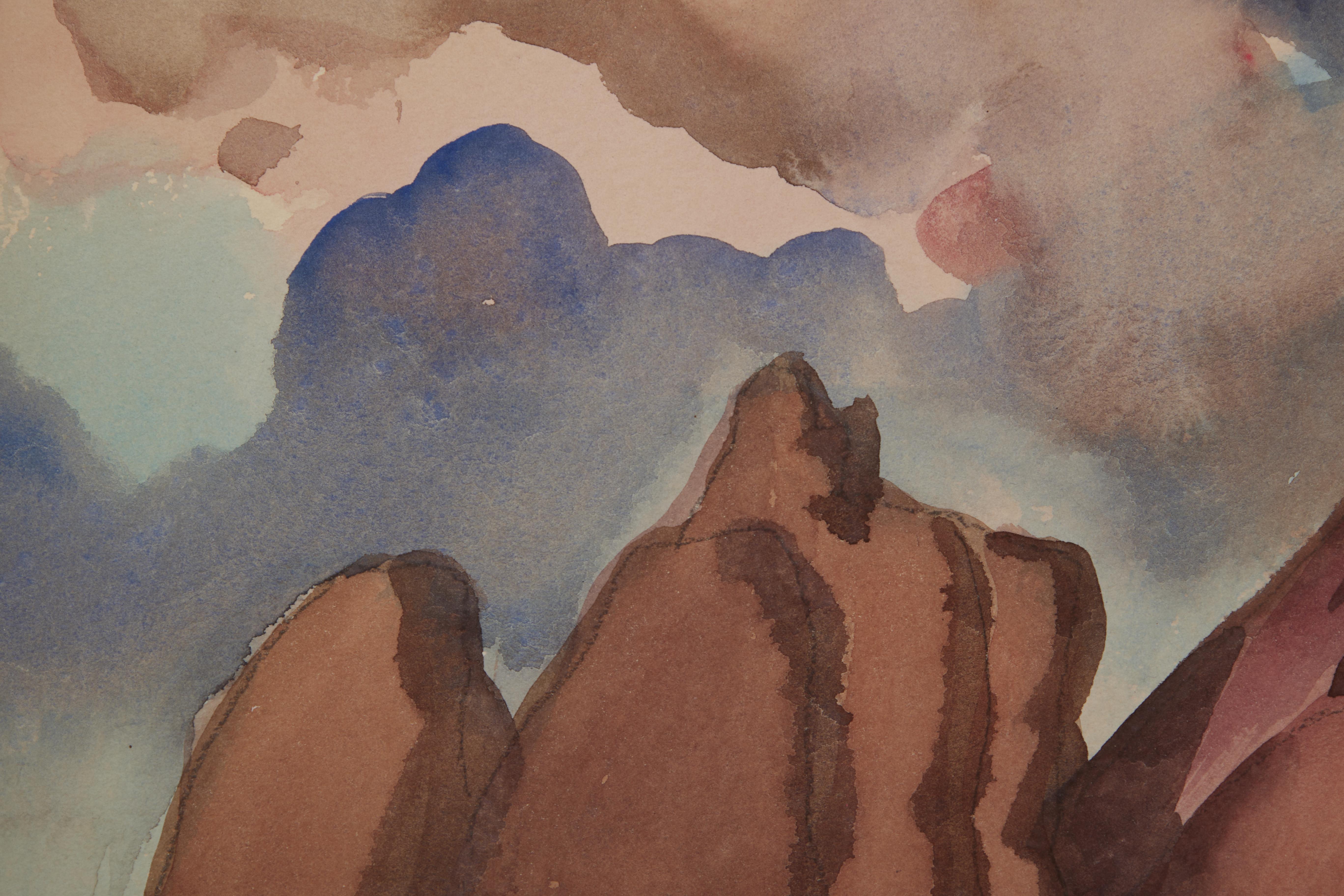 Pueblo baigné de soleil, 1950 Paysage montagneux de l'Ouest, école de Cleveland - Noir Figurative Art par Frank Wilcox