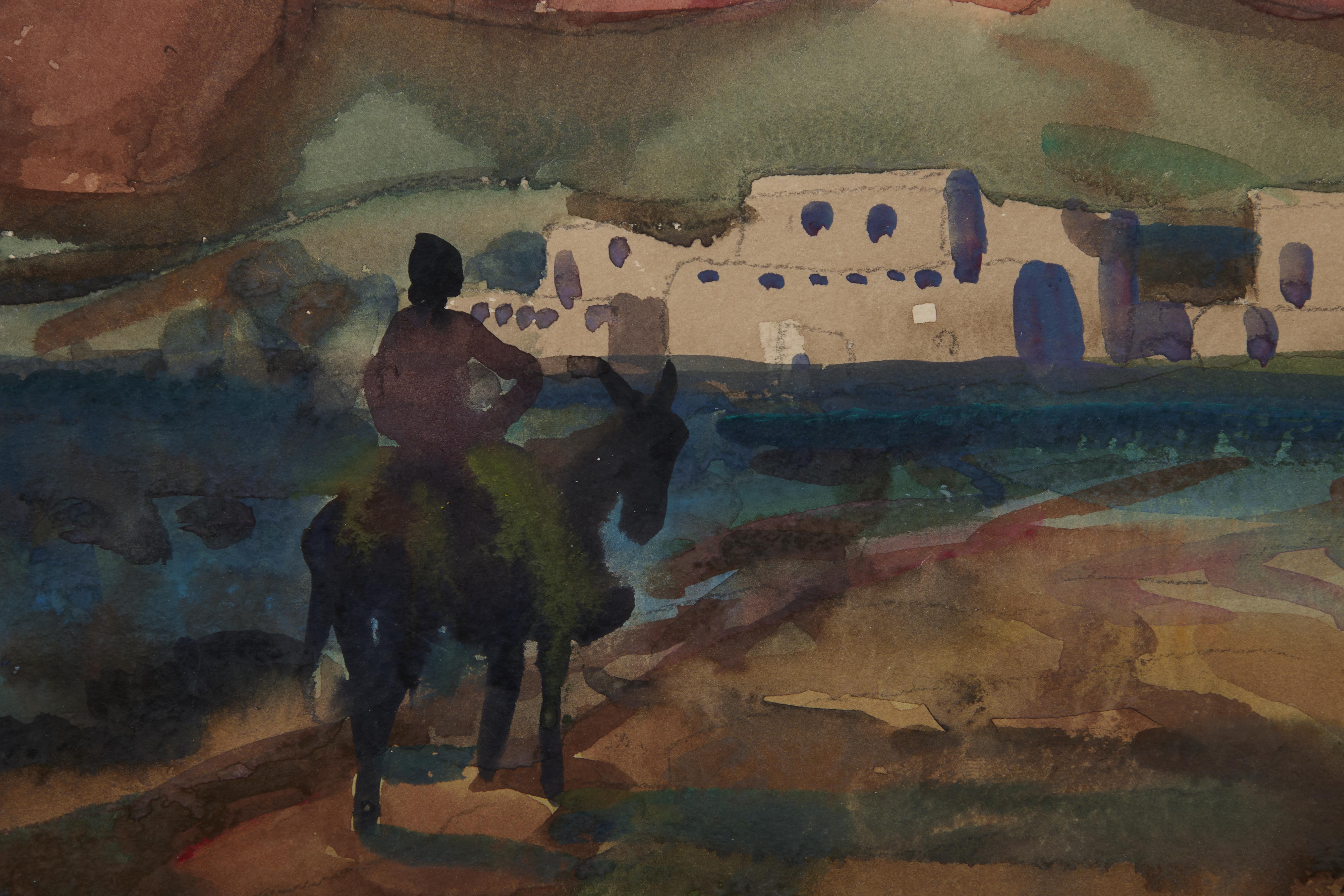 Frank Nelson Wilcox (américain, 1887-1964)
Pueblo baigné de soleil, C.C. 1950
Aquarelle sur papier 
Monogramme en bas à droite
15 x 20 pouces 
18.5 x 24 pouces encadré

