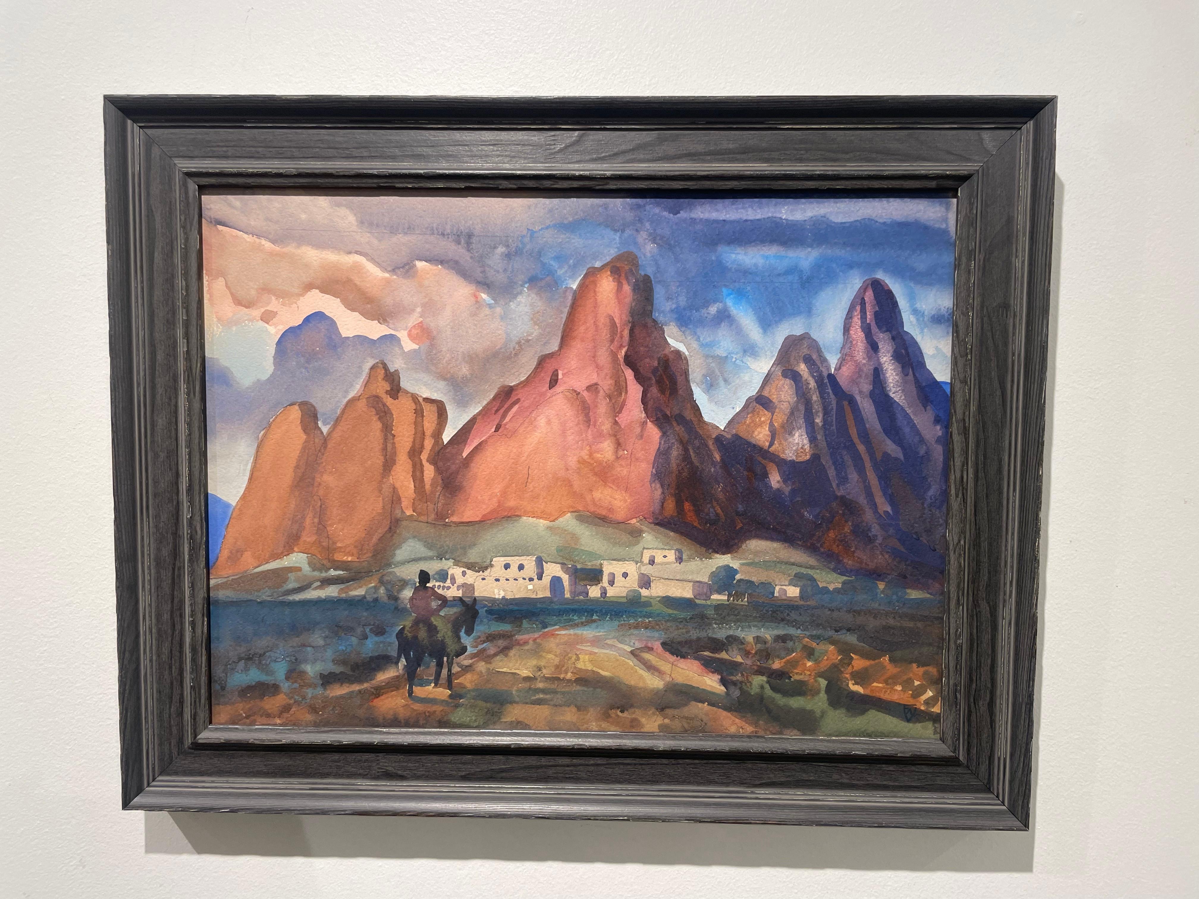 Pueblo baigné de soleil, 1950 Paysage montagneux de l'Ouest, école de Cleveland en vente 2