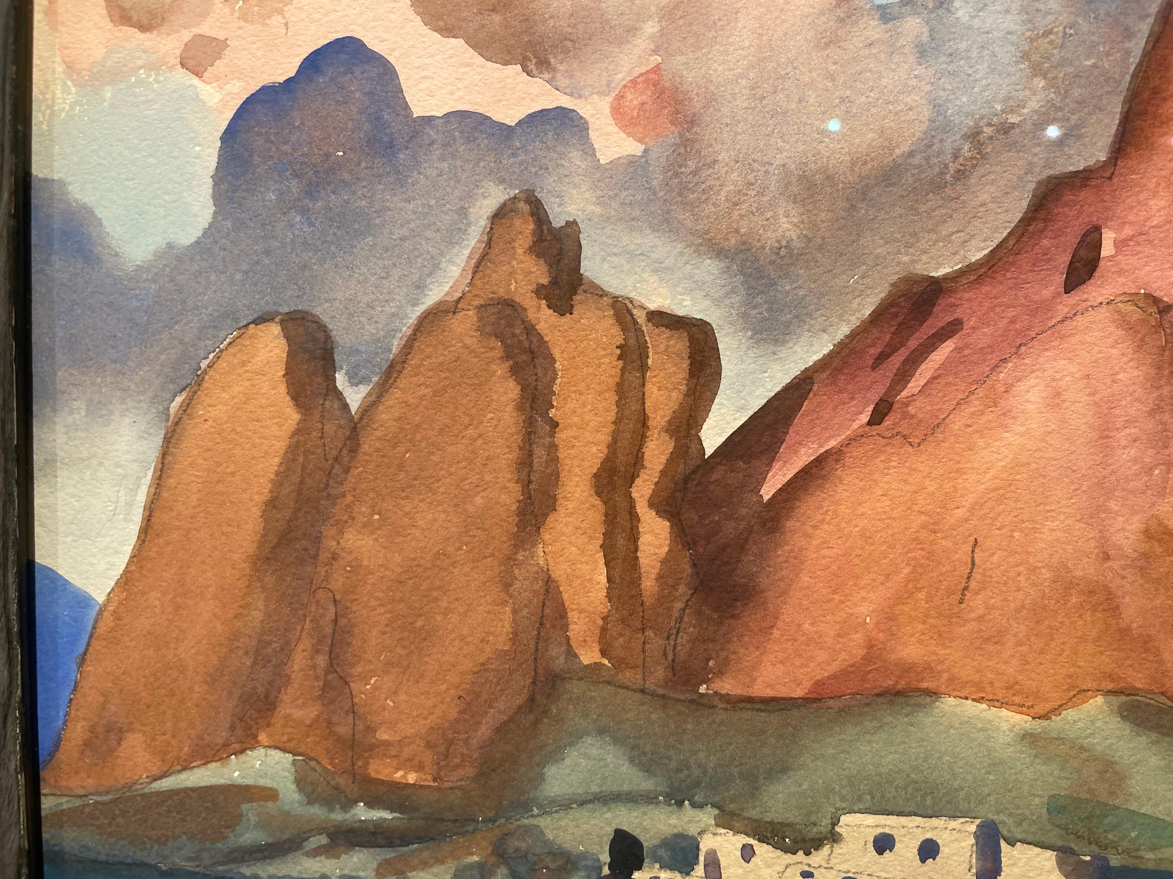 Pueblo baigné de soleil, 1950 Paysage montagneux de l'Ouest, école de Cleveland en vente 6