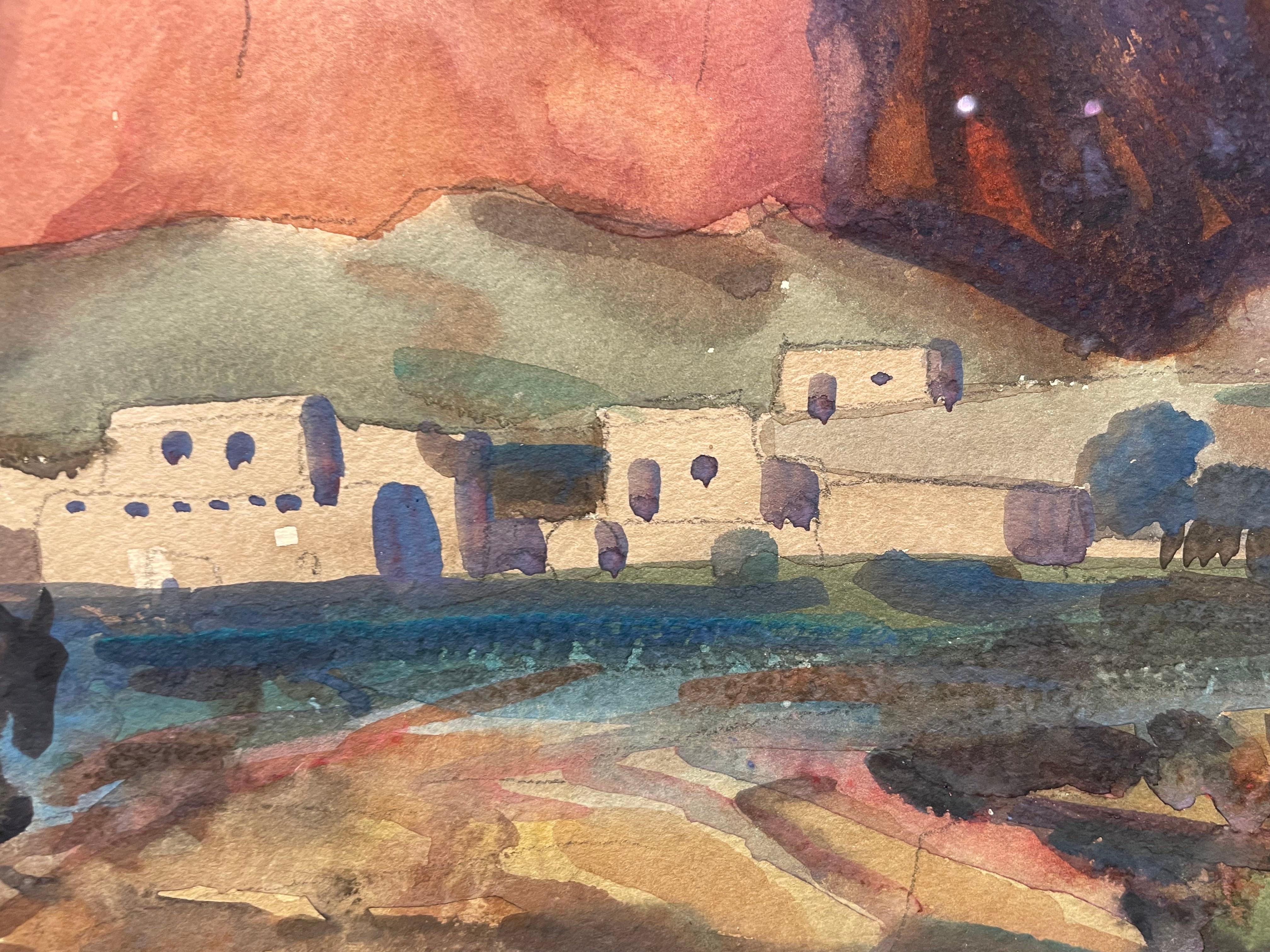 Pueblo baigné de soleil, 1950 Paysage montagneux de l'Ouest, école de Cleveland en vente 4
