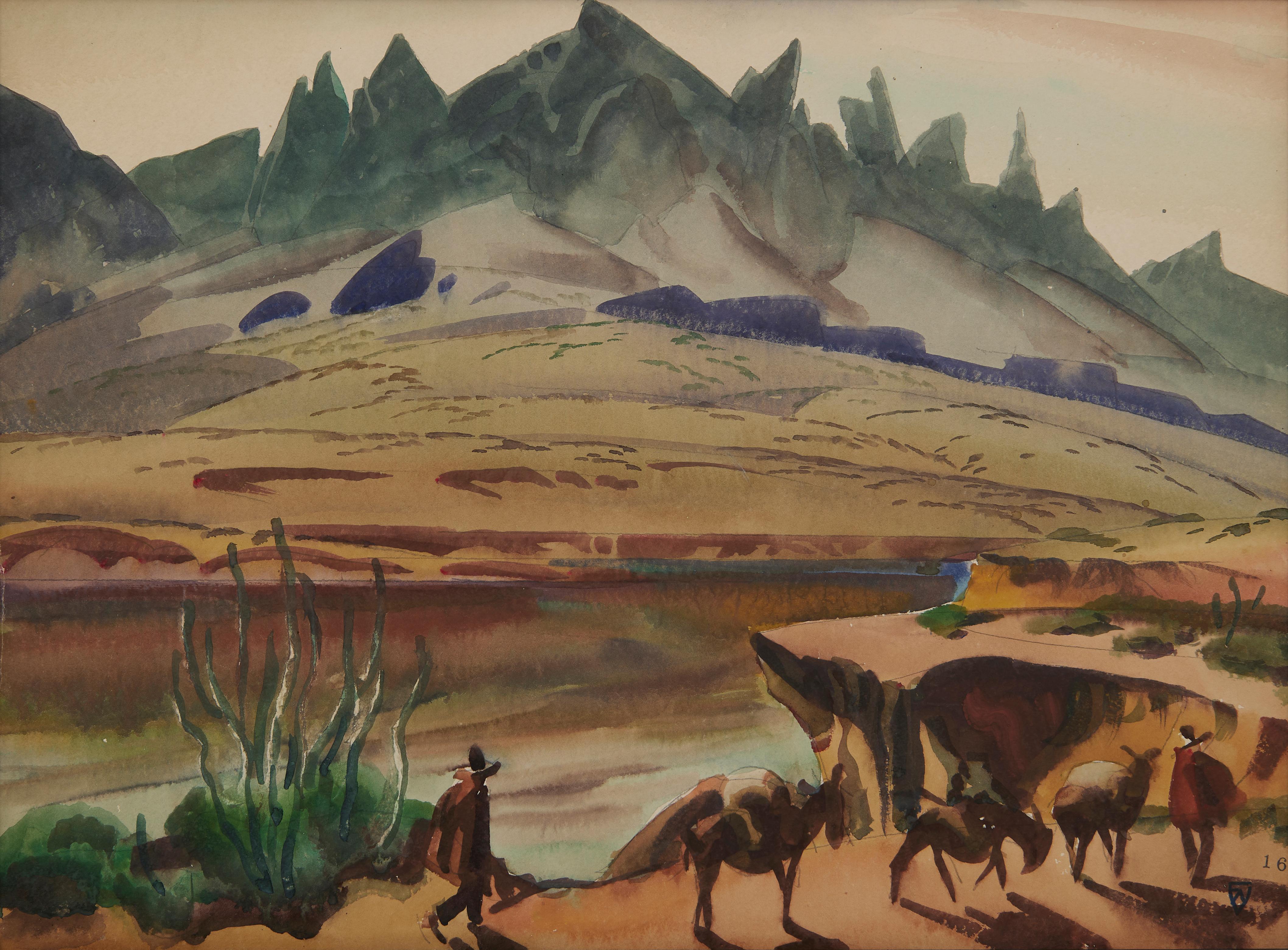 Fleuve Colorado, Needles, Californie, années 1950 Paysage occidental, école de Cleveland - Art de Frank Wilcox
