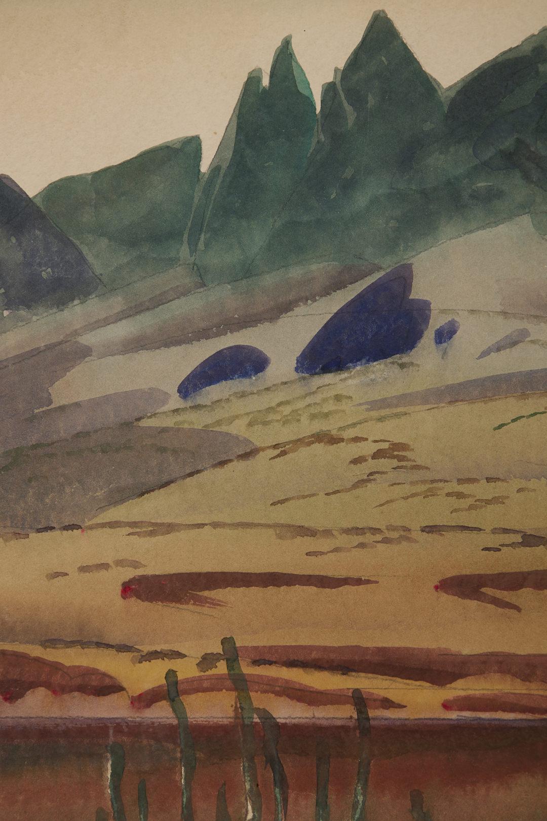  Frank Nelson Wilcox (américain, 1887-1964)
Le Colorado à Needles, Californie, c. 1950
Aquarelle sur papier
Monogramme en bas à droite, titré au verso
14.5 x 20 pouces 
18.5 x 24 pouces encadré

Frank Nelson Wilcox (3 octobre 1887 - 17 avril 1964)