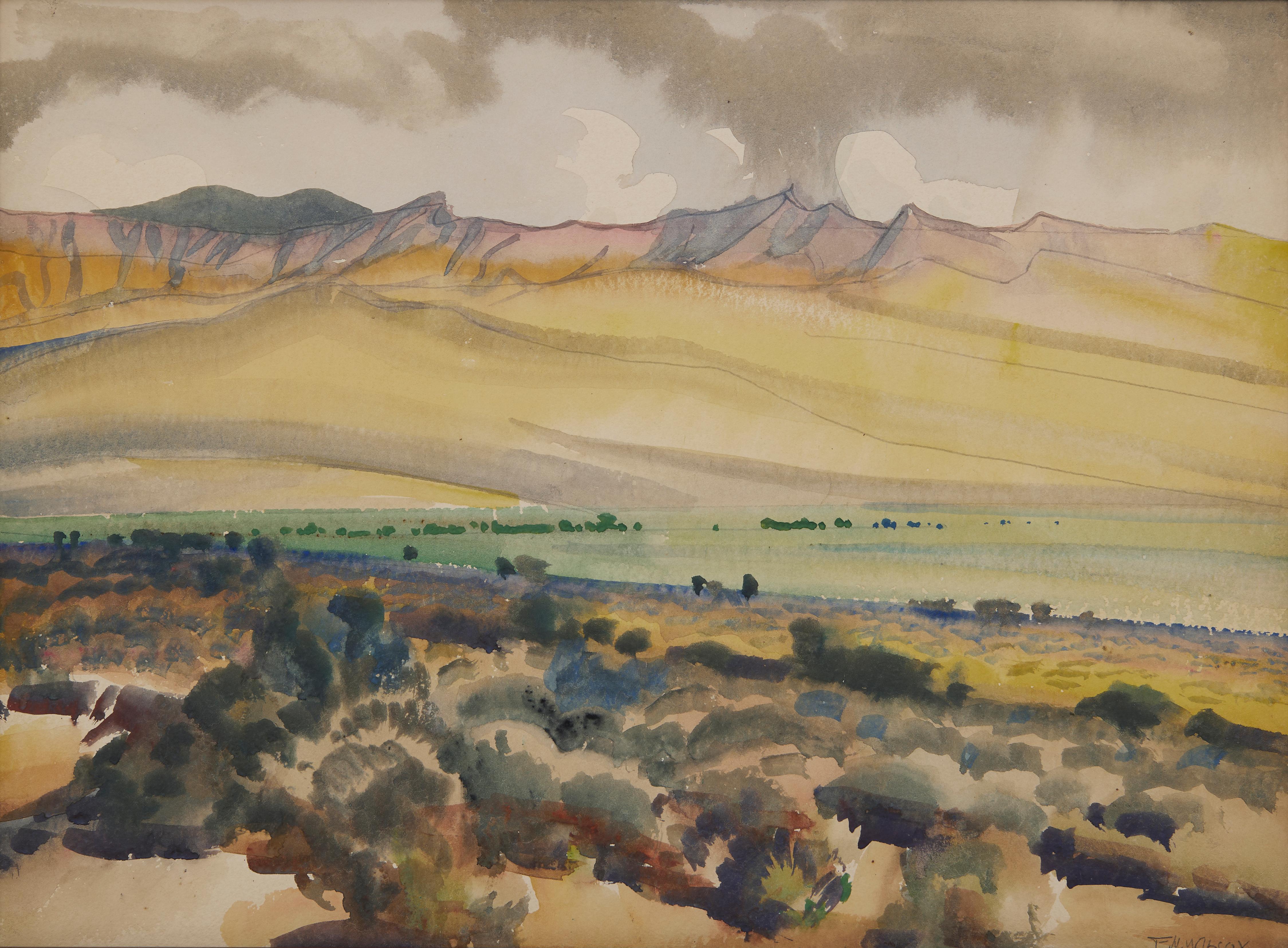 Appartamenti vicino a Pueblo Isleta, New Mexico, Paesaggio occidentale del XX secolo - Art di Frank Wilcox