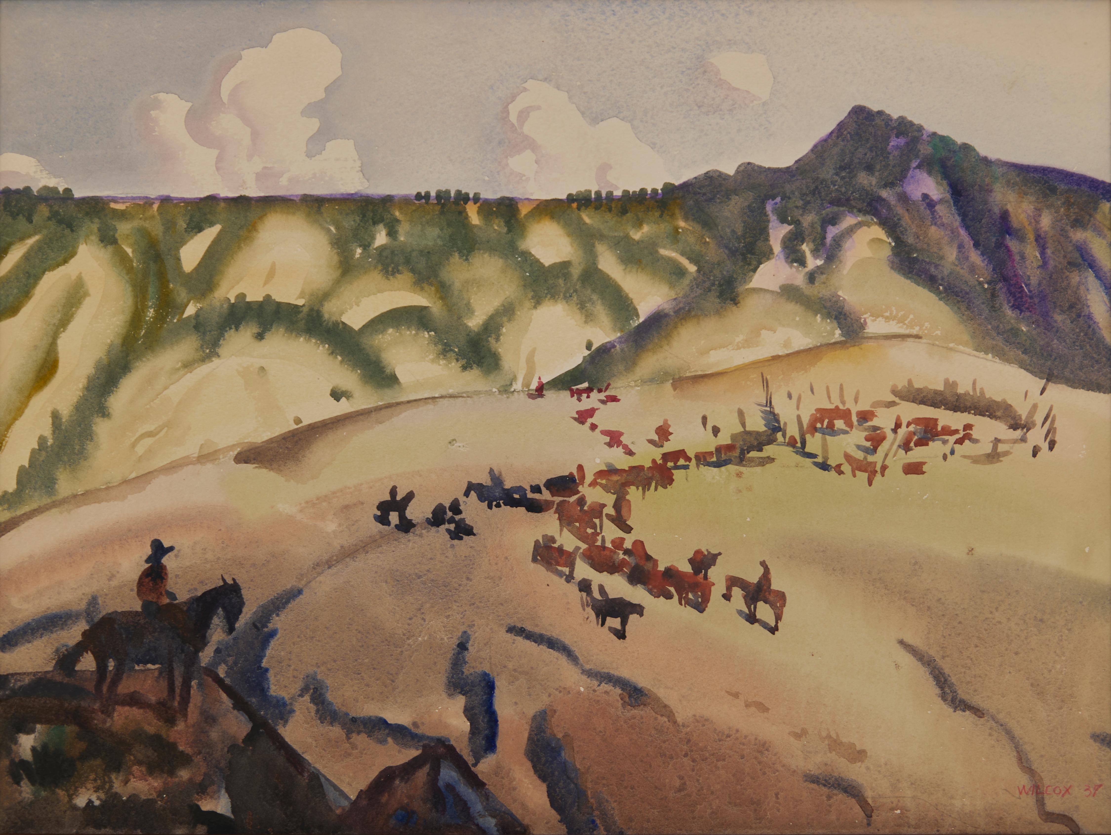 High Pastures, Cattle Round Up, Wyoming, 20th Century Western Landscape - Art by Frank Wilcox