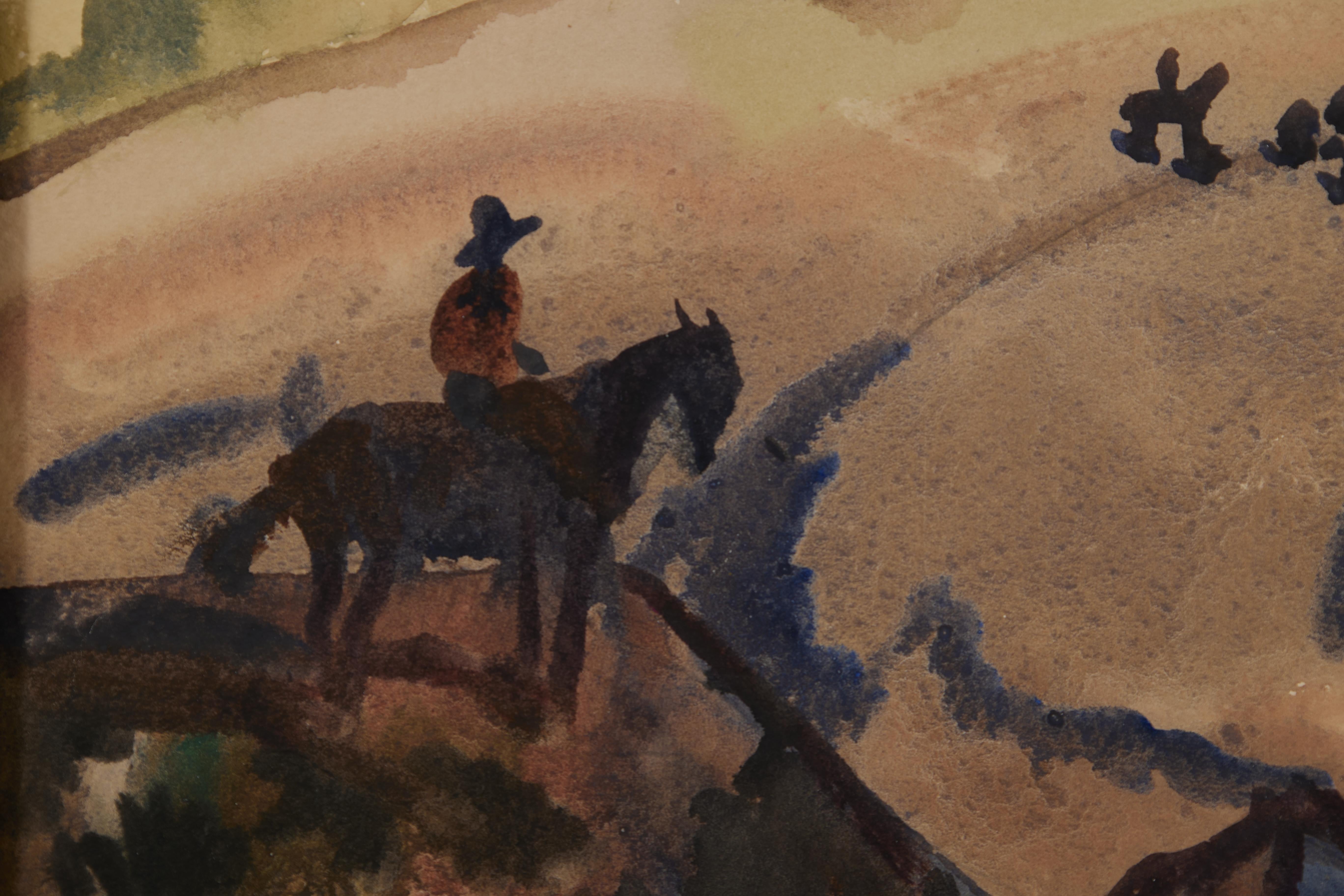 High Pastures, Cattle Round Up, Wyoming, 20th Century Western Landscape - Black Figurative Art by Frank Wilcox