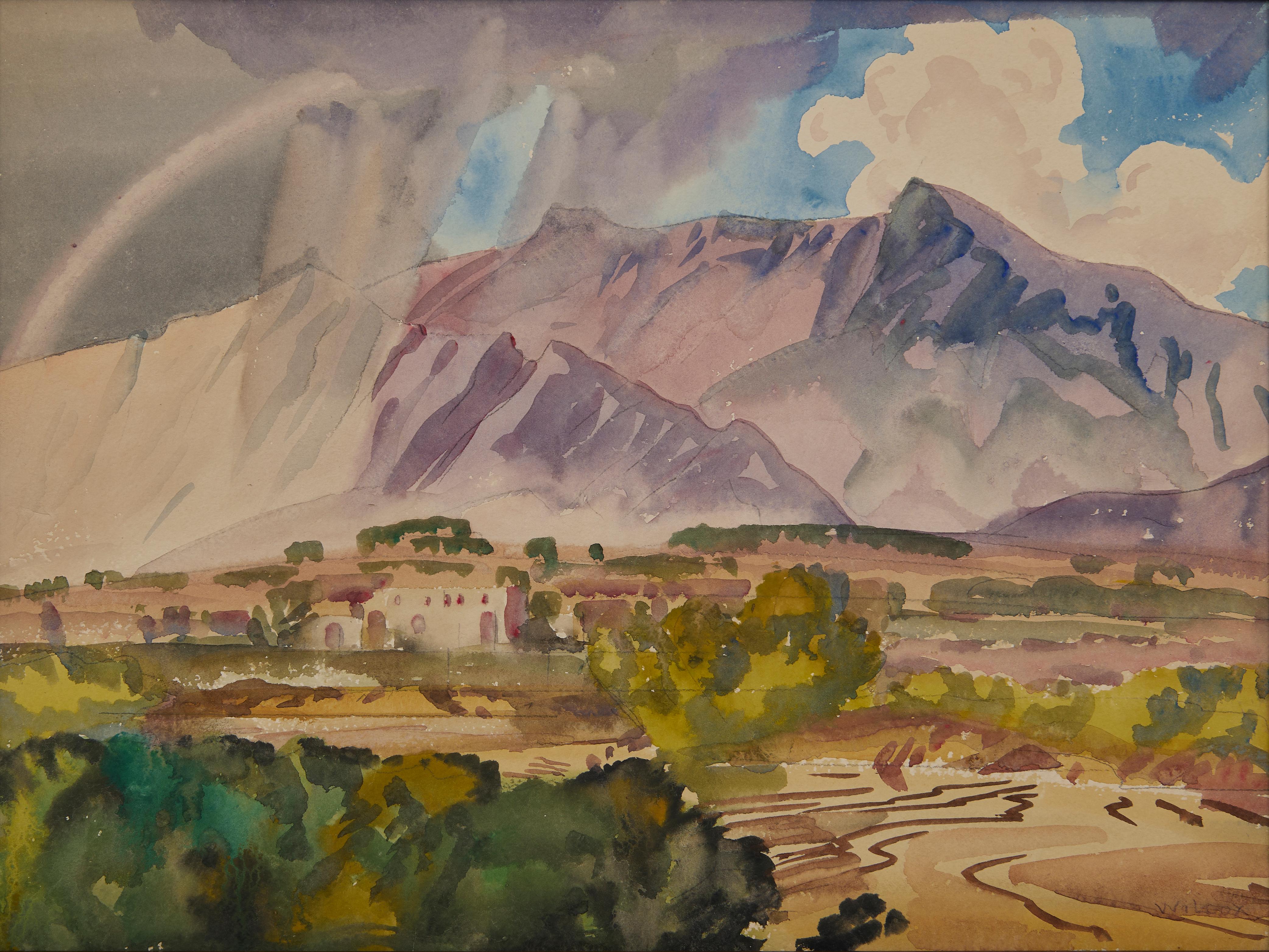 Arco iris en Santa Fe Trail, Nuevo México, Paisaje occidental de principios del siglo XX - Art de Frank Wilcox