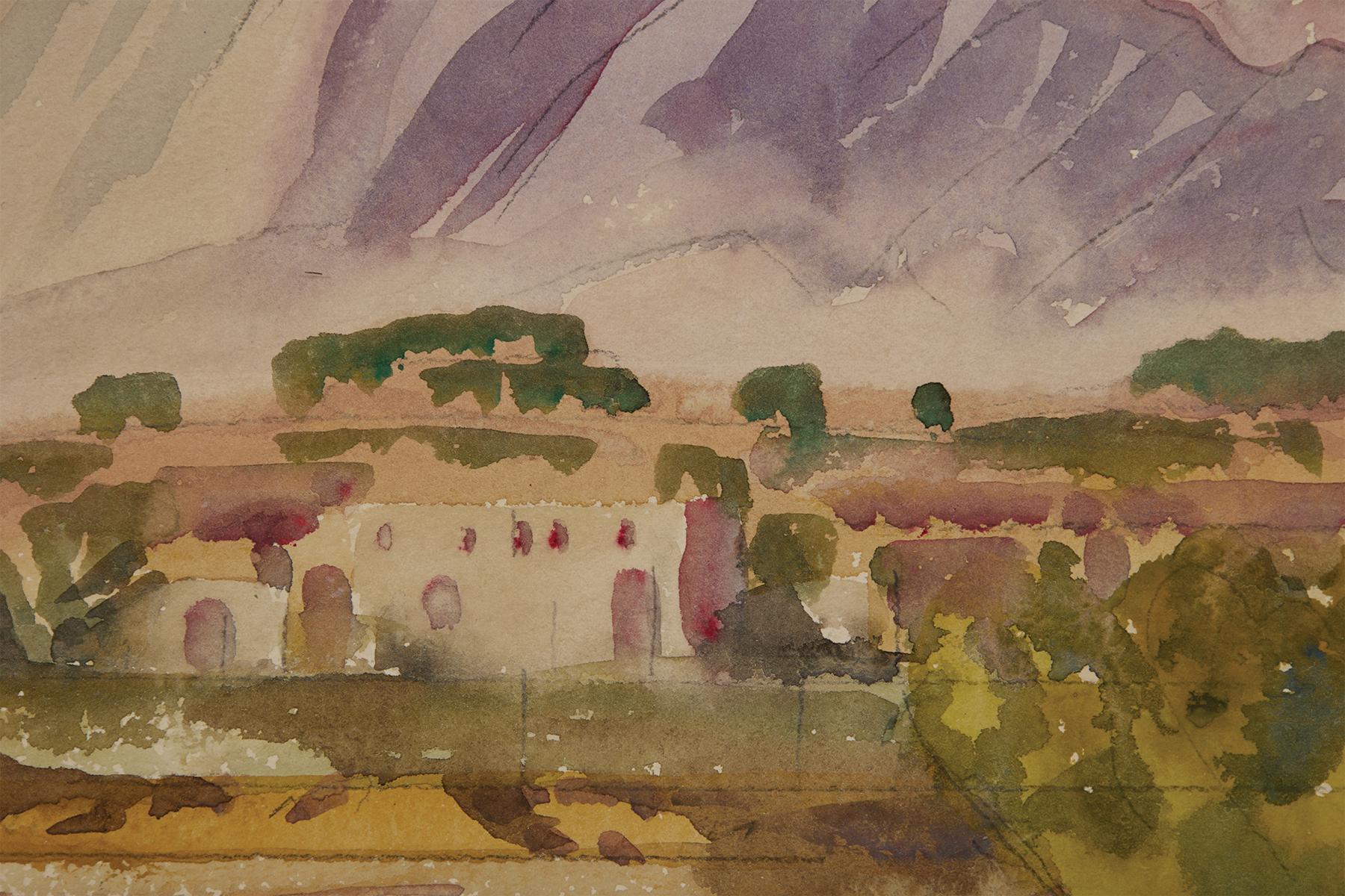  Frank Nelson Wilcox (estadounidense, 1887-1964)
Arco iris en Santa Fe Trail, Nuevo México, c. 1937
Acuarela sobre papel
Firmado abajo a la derecha, titulado verso
15 x 20 pulgadas
18,5 x 24 pulgadas enmarcado

Frank Nelson Wilcox (3 de octubre de