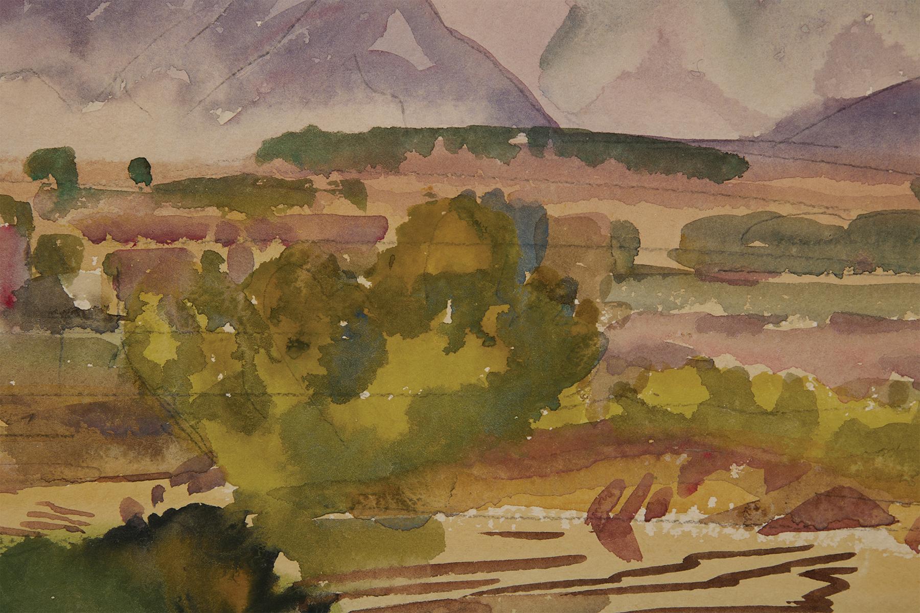 Arco iris en Santa Fe Trail, Nuevo México, Paisaje occidental de principios del siglo XX - Figurative Art Negro de Frank Wilcox