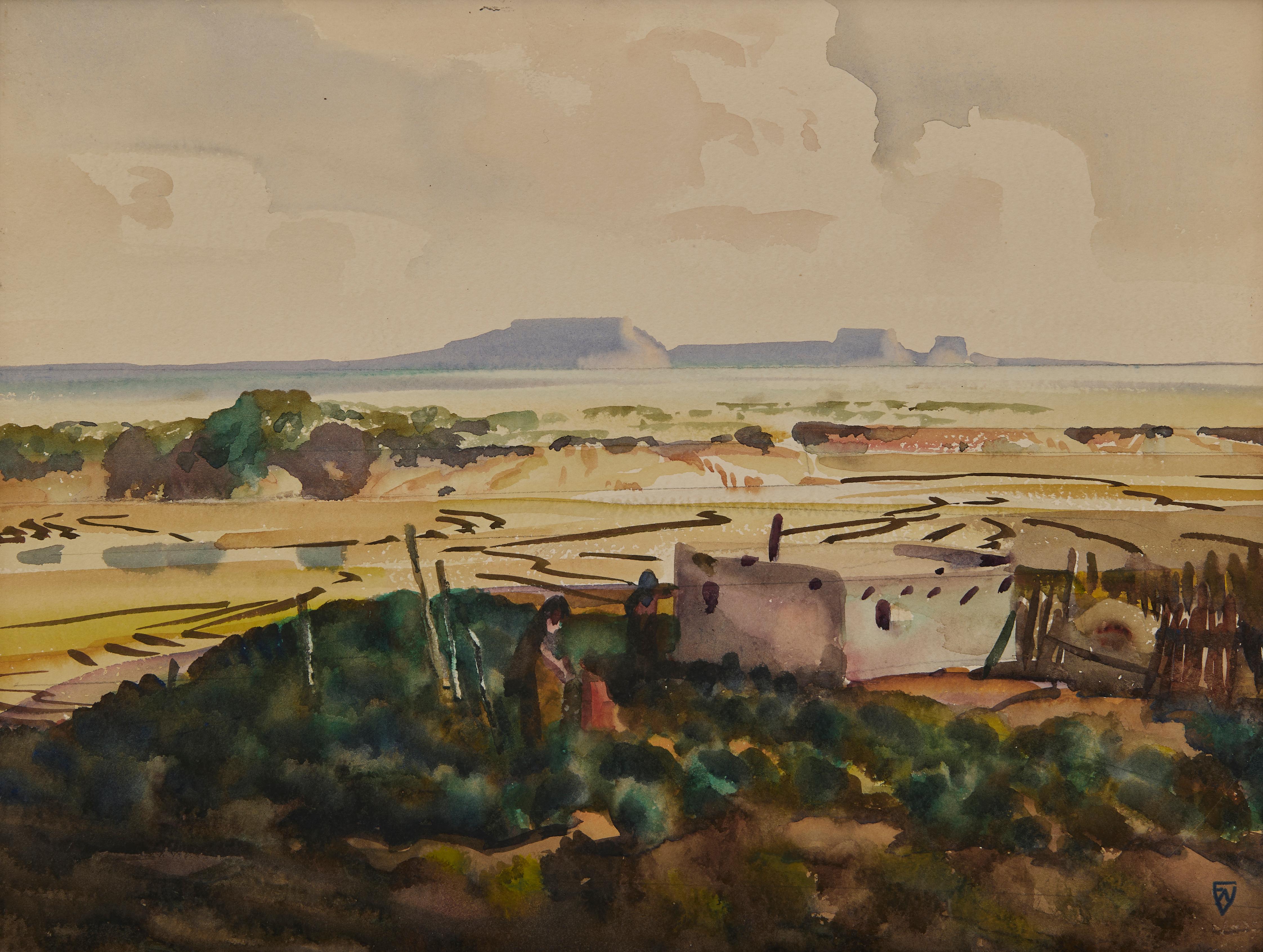 Rio Puerco, Nouveau Mexique, début du 20e siècle Paysage occidental, école de Cleveland - Art de Frank Wilcox