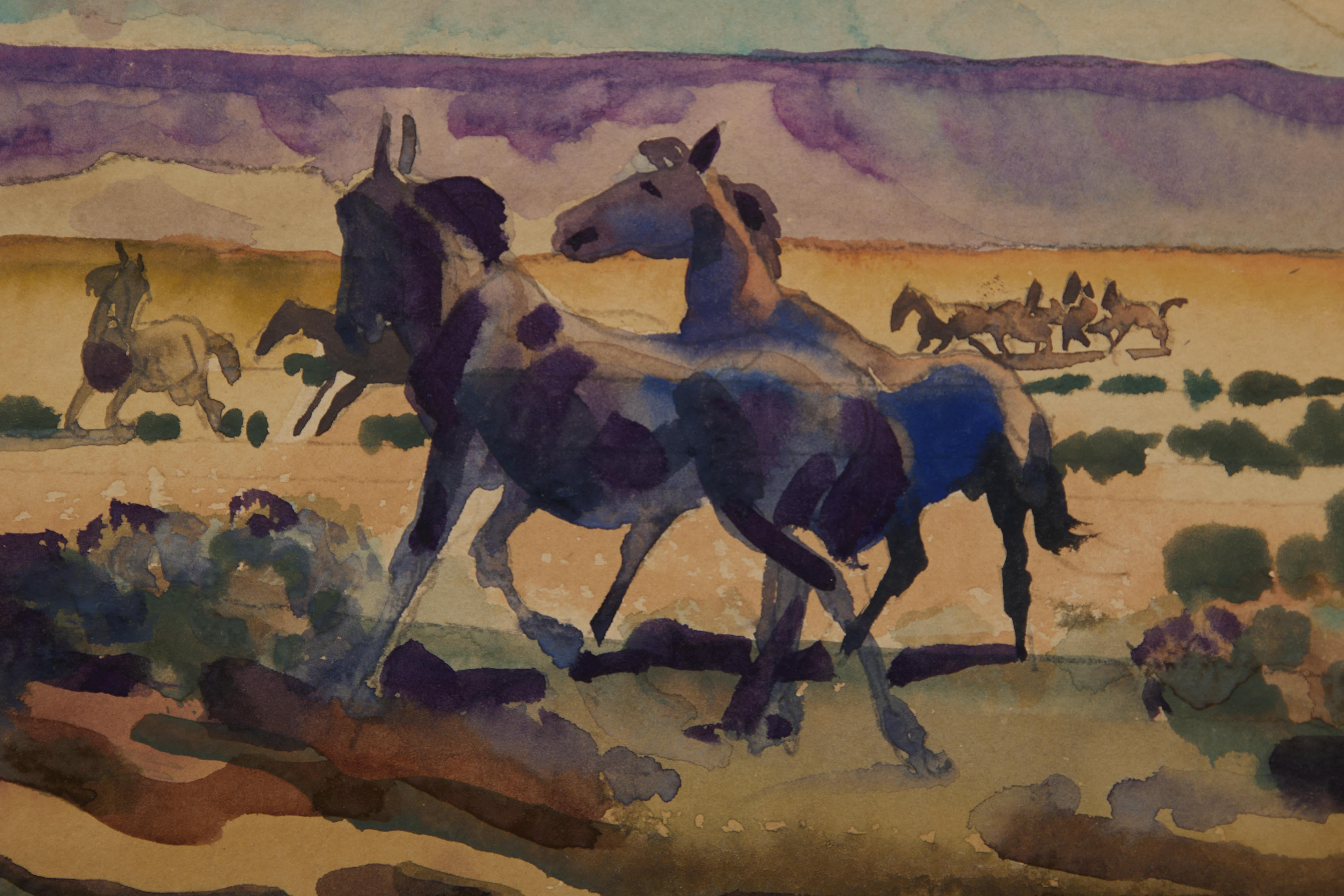  Frank Nelson Wilcox (américain, 1887-1964)
Chevaux sauvages, Arizona, 1937
Aquarelle sur papier
Signé et daté en bas à droite, titré au verso
15 x 20 pouces
18 x 24 pouces encadré

Frank Nelson Wilcox (3 octobre 1887 - 17 avril 1964) était un
