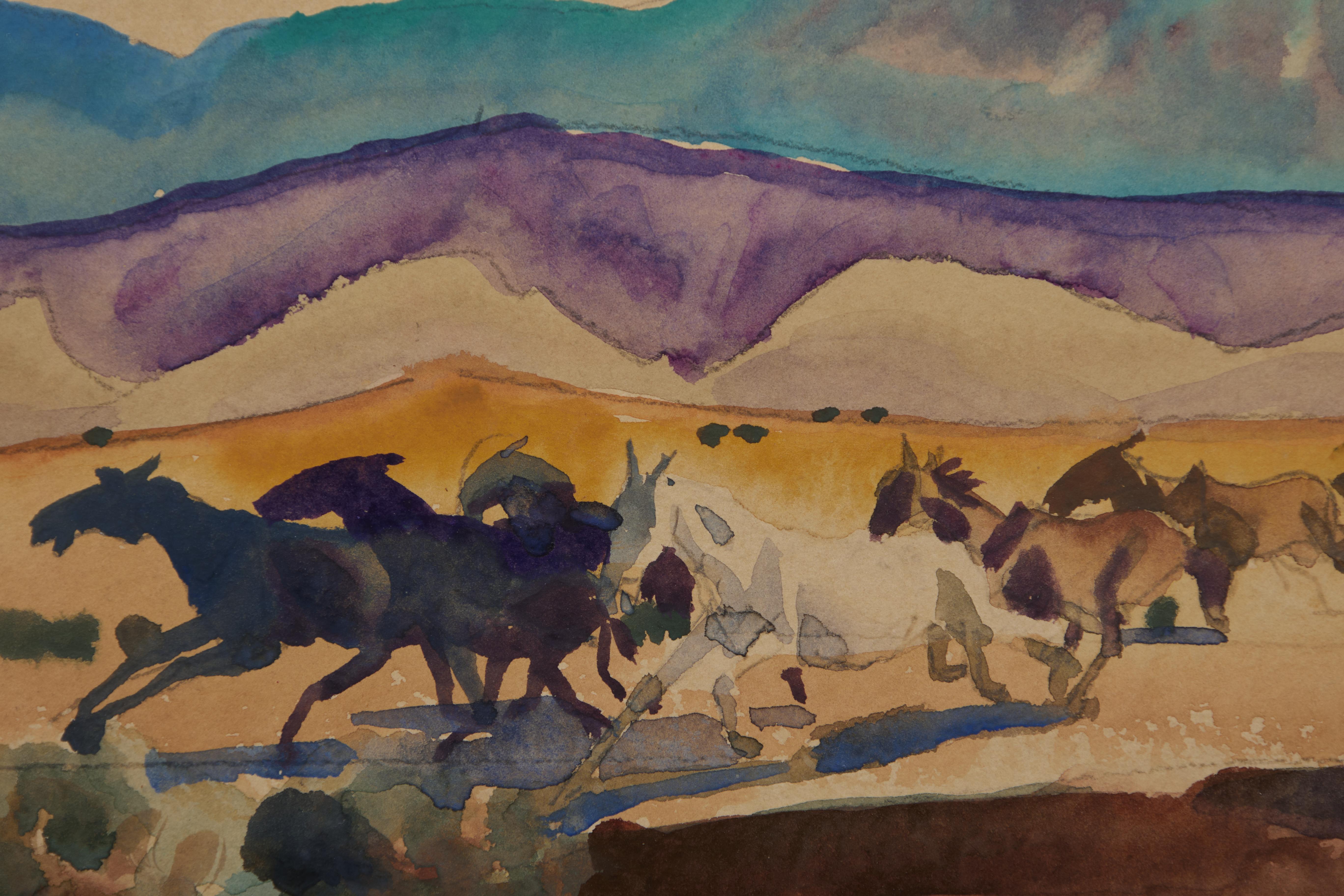 Chevaux sauvages, Arizona, début du 20e siècle Paysage occidental, école de Cleveland - Marron Animal Art par Frank Wilcox