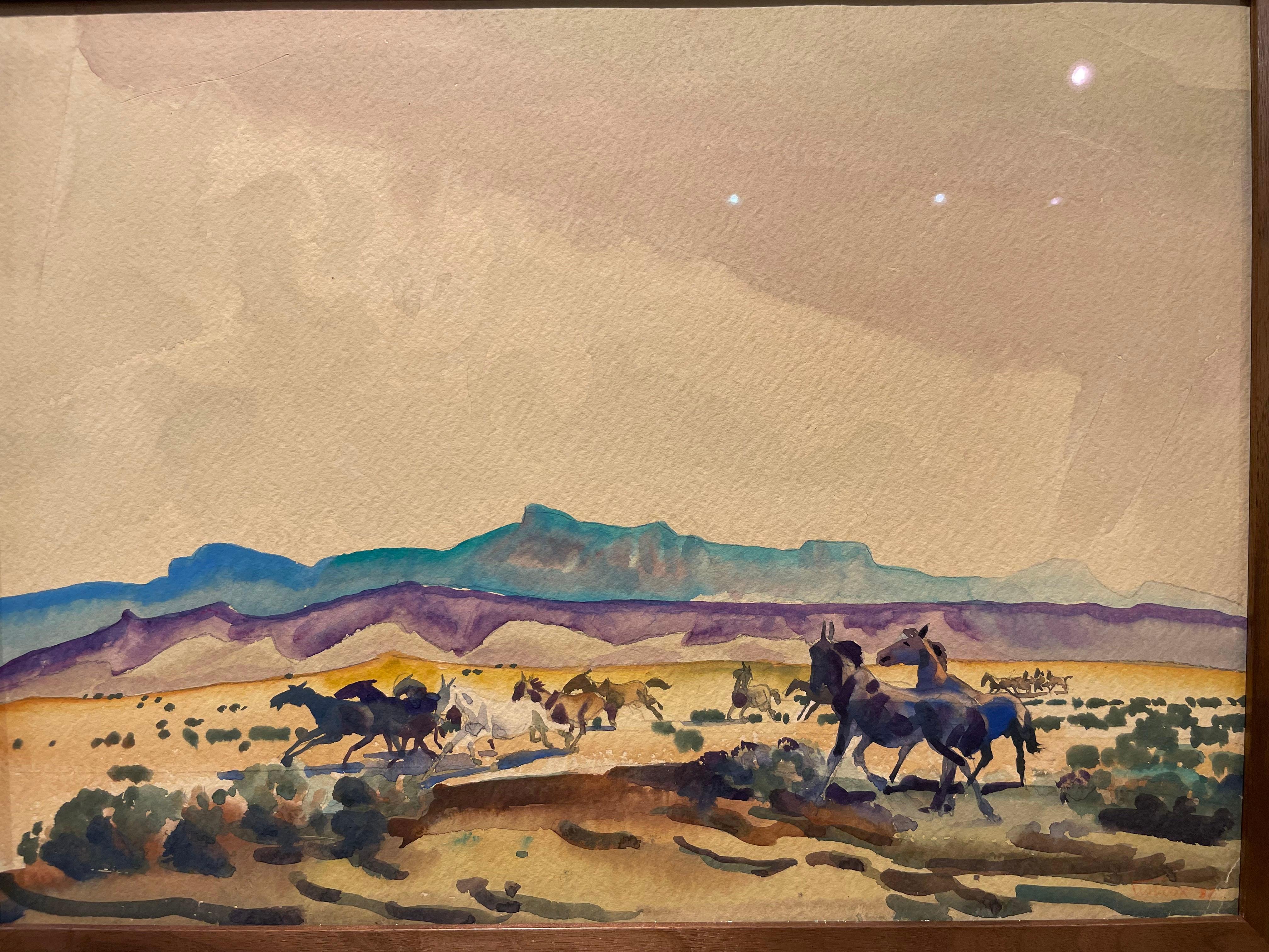 Chevaux sauvages, Arizona, début du 20e siècle Paysage occidental, école de Cleveland en vente 7